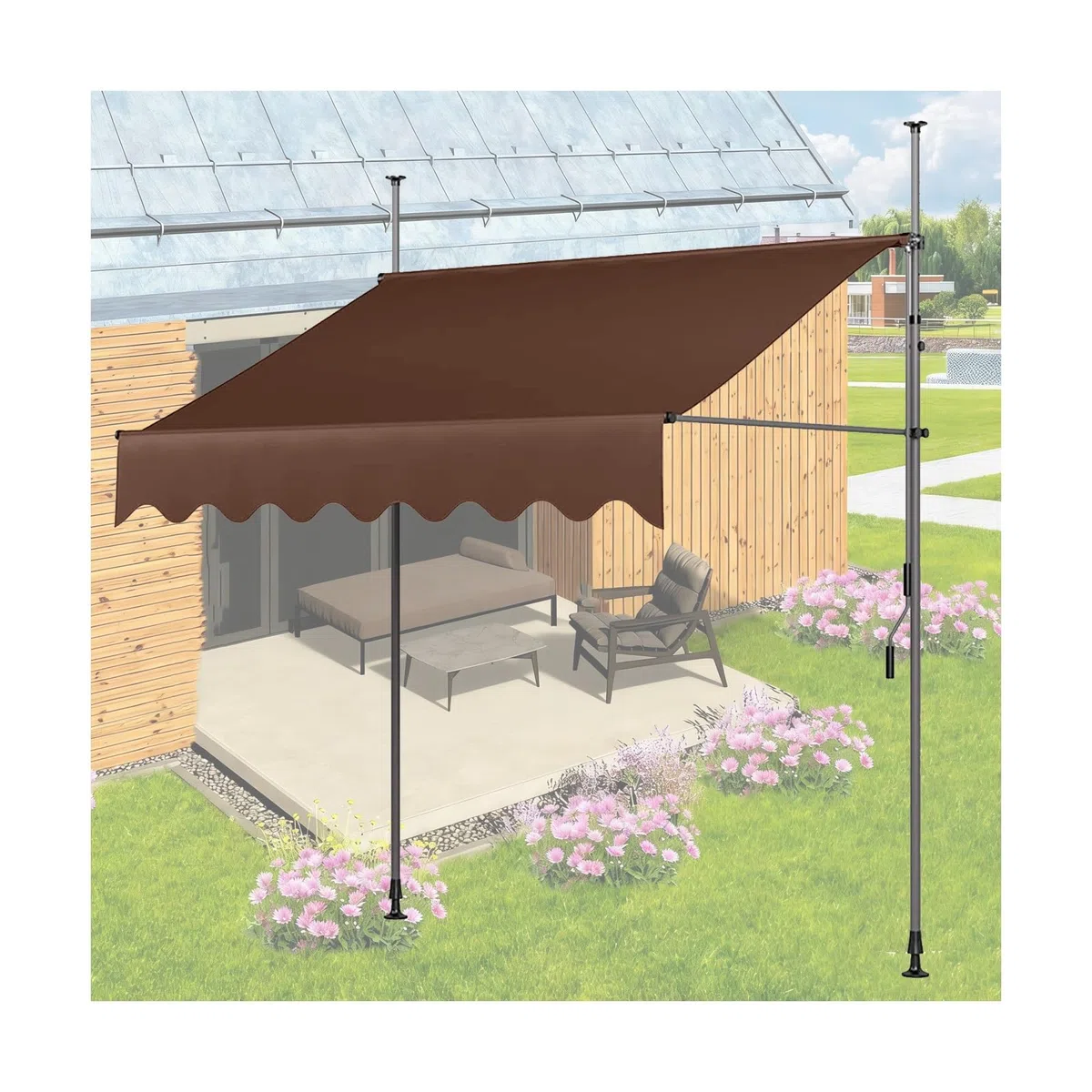Einziehbare Markise, Markisen für Terrasse, manuelles Markise, einziehbare Sonnensegel, wasserabweisendes Polyester mit Kurbel für Balkon, Garten (Gelb und Weiß, 4 m)