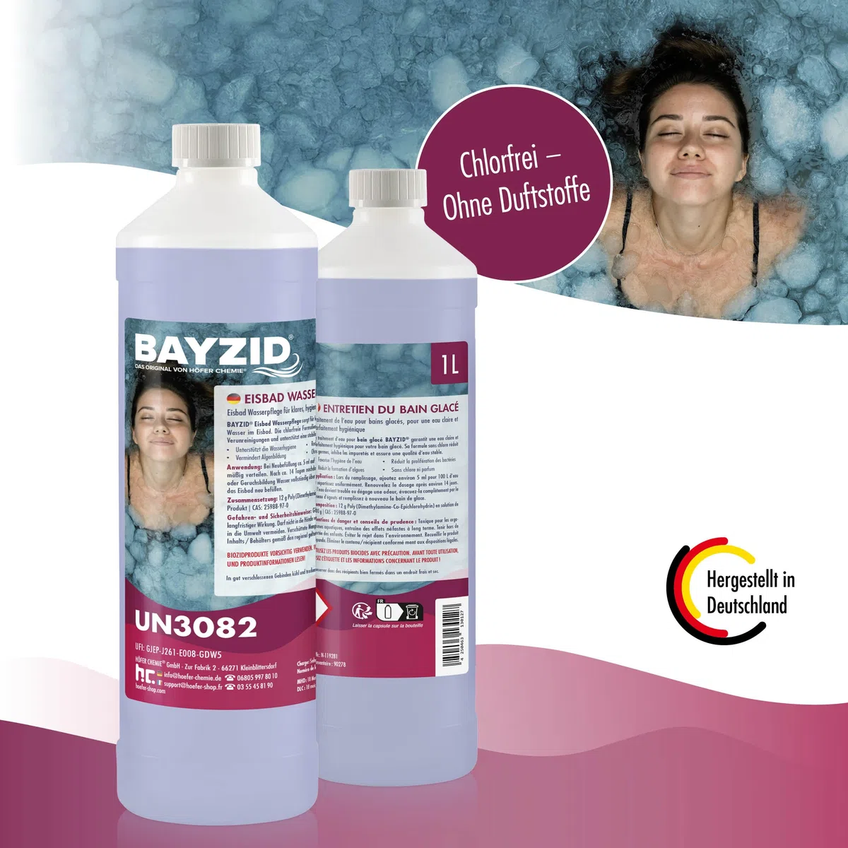 BAYZID 1 L Eisbad Wasserpflege ohne Chlor - Hygiene & Klarwasser für Eisbäder, Kaltwasserbecken & Eistonnen - Chlorfrei & Duftstofffrei - Effektive Anti-Bakterien-Formel - Einfache Dosierung