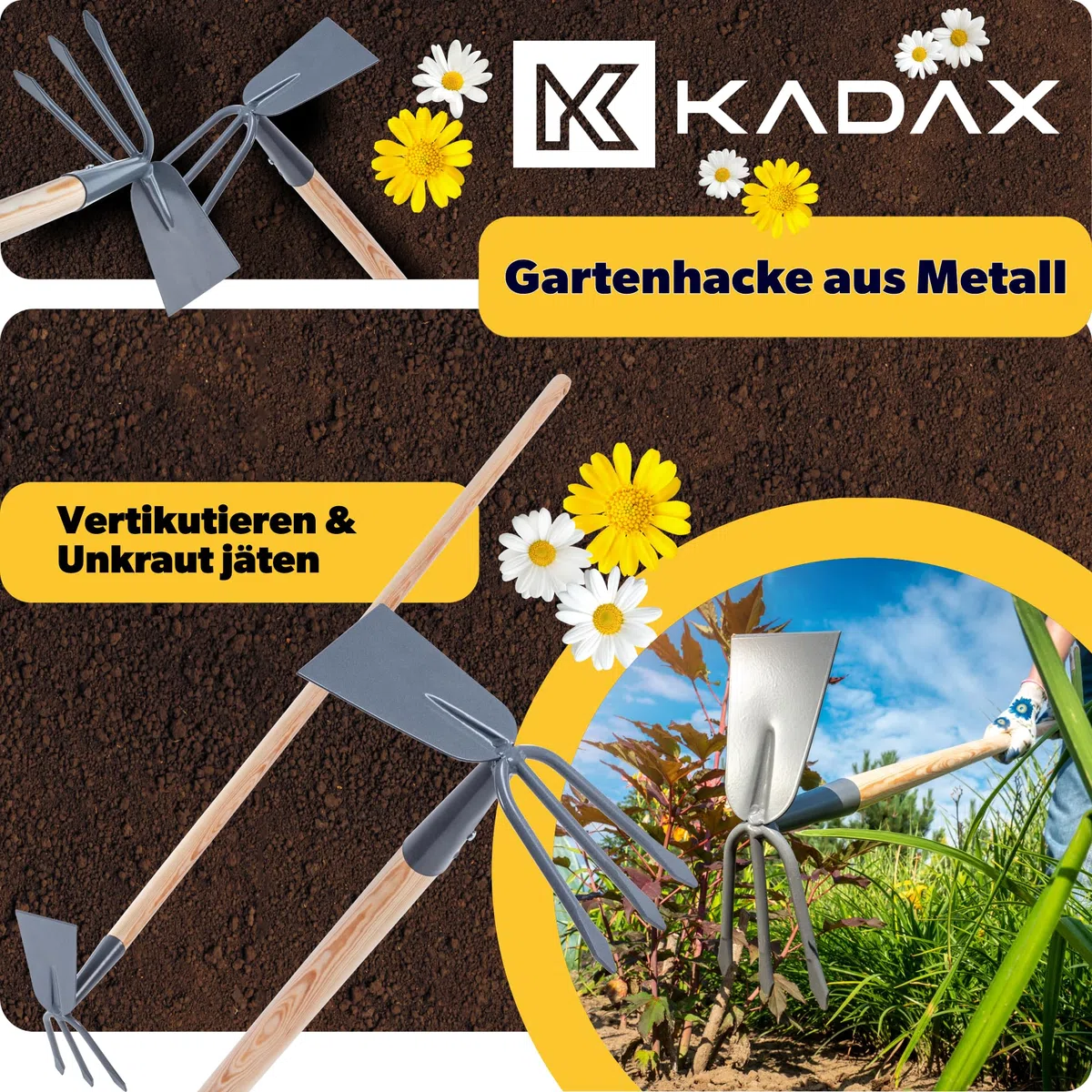 KADAX Hacke aus Metall, Gartenhacke mit langem Stiel aus Holz, Doppelhacke für Garten zum Lockern, Lüften und Jäten des Bodens, Unkrauthacke (Lang, Rechteck - 3 Zinken, Mit Holzstiel)