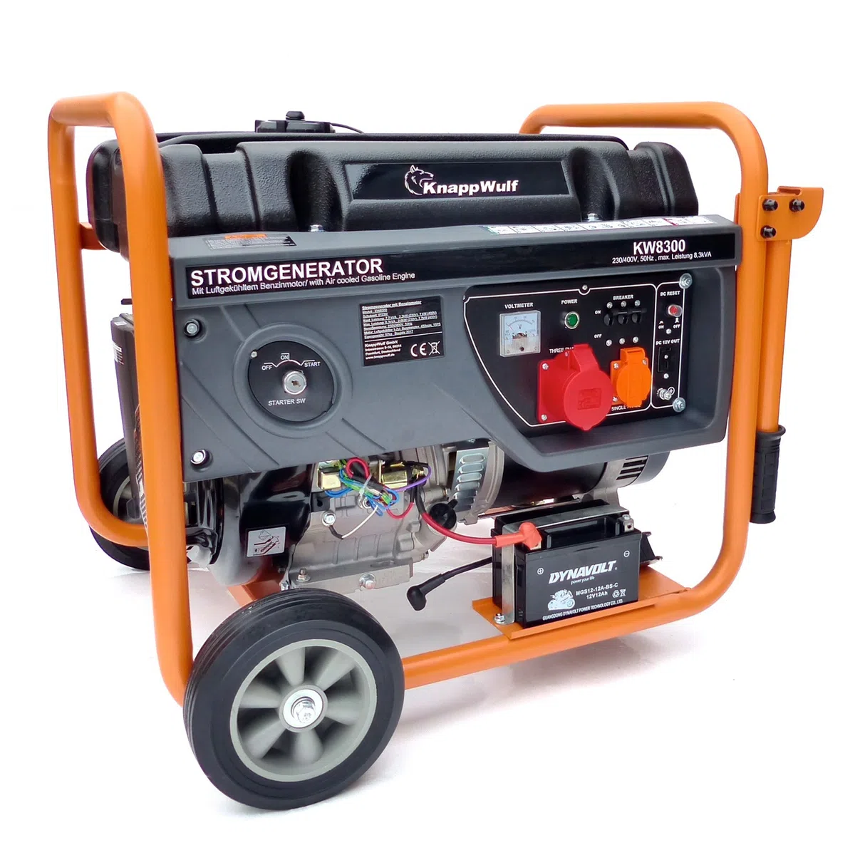 KnappWulf Generator Stromerzeuger Stromaggregat Notstomaggregat KW8300 mit 7,7kW max. Leistung bei 400V, 2,56 kW bei 230V, 25L Industrie Kunststofftank, Ölmangelsicherung, AVR, Elektrostarter