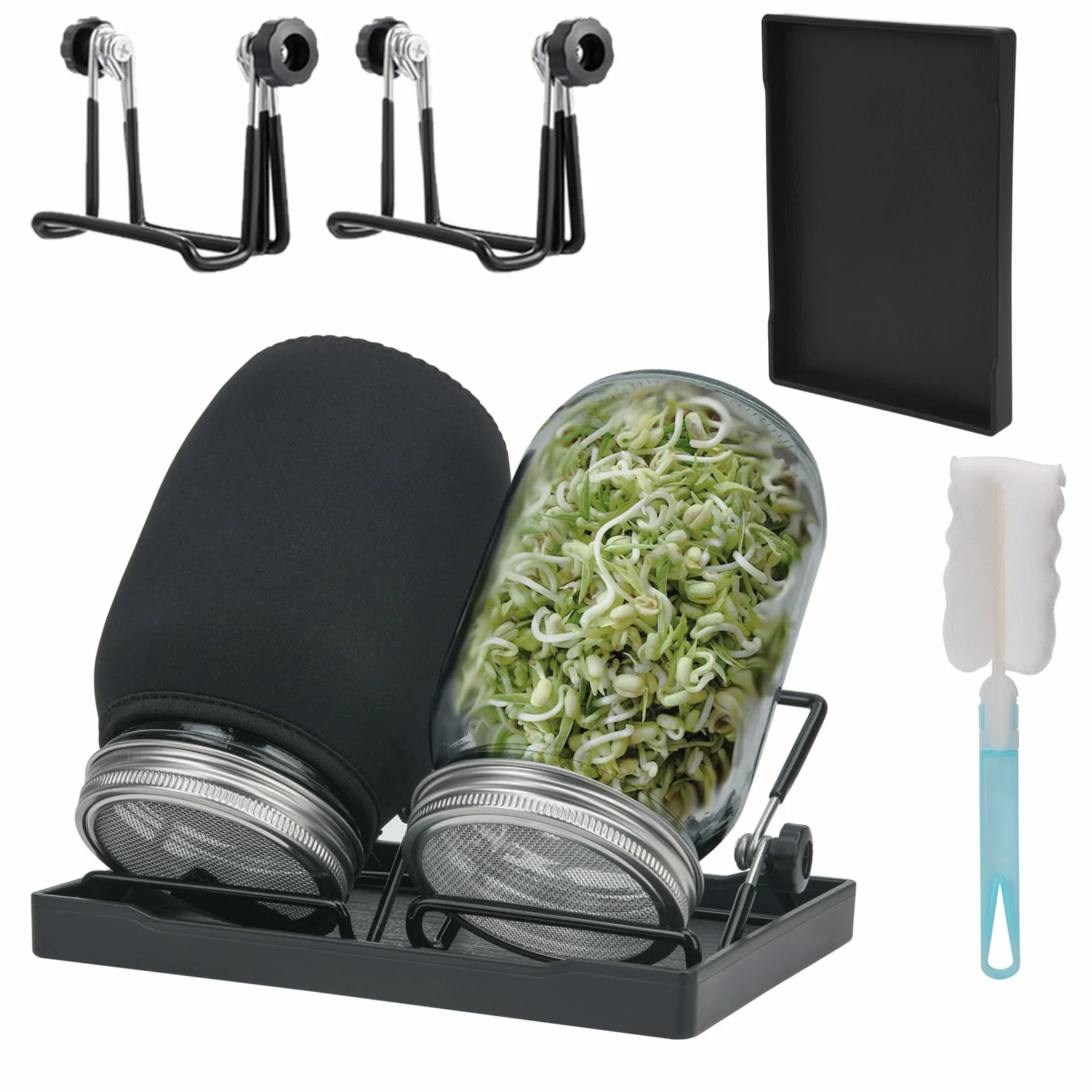 Sprossenglas, Sprossen Keimglas 2er Set, Sprouting Jar mit Deckel, Sieb & Abtropfschale, Sprossen Keimgerät für Alfalfa Kresse Brokkoli Mungobohnen