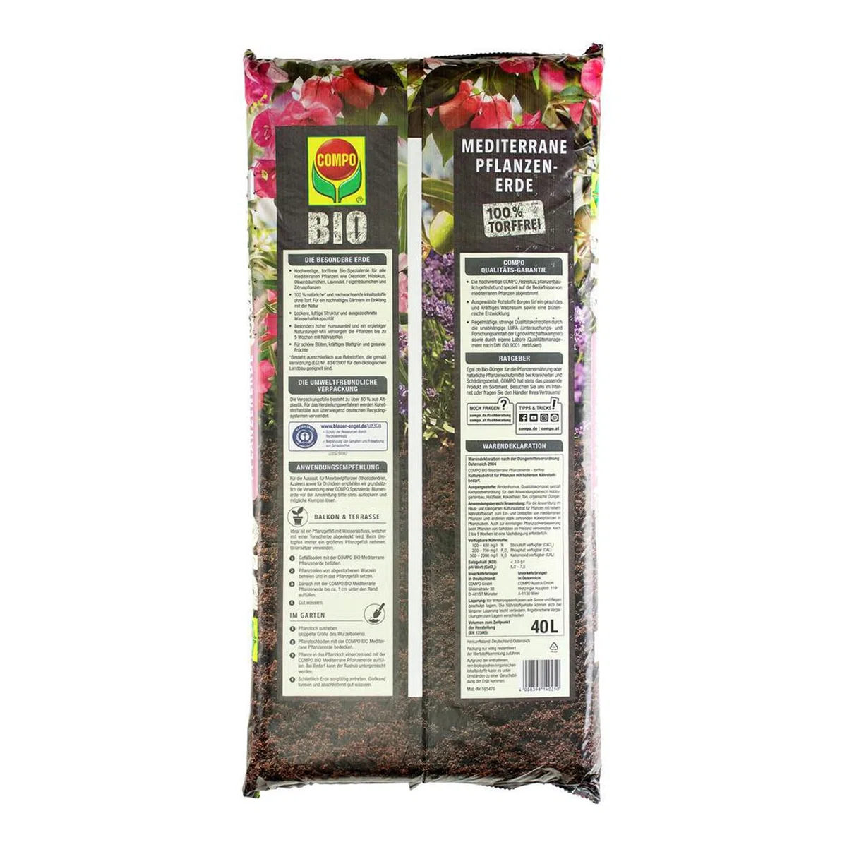 COMPO Bio Mediterrane Pflanzenerde torffrei für die Bildung schöner, intensiver Blüten und Früchte 40L