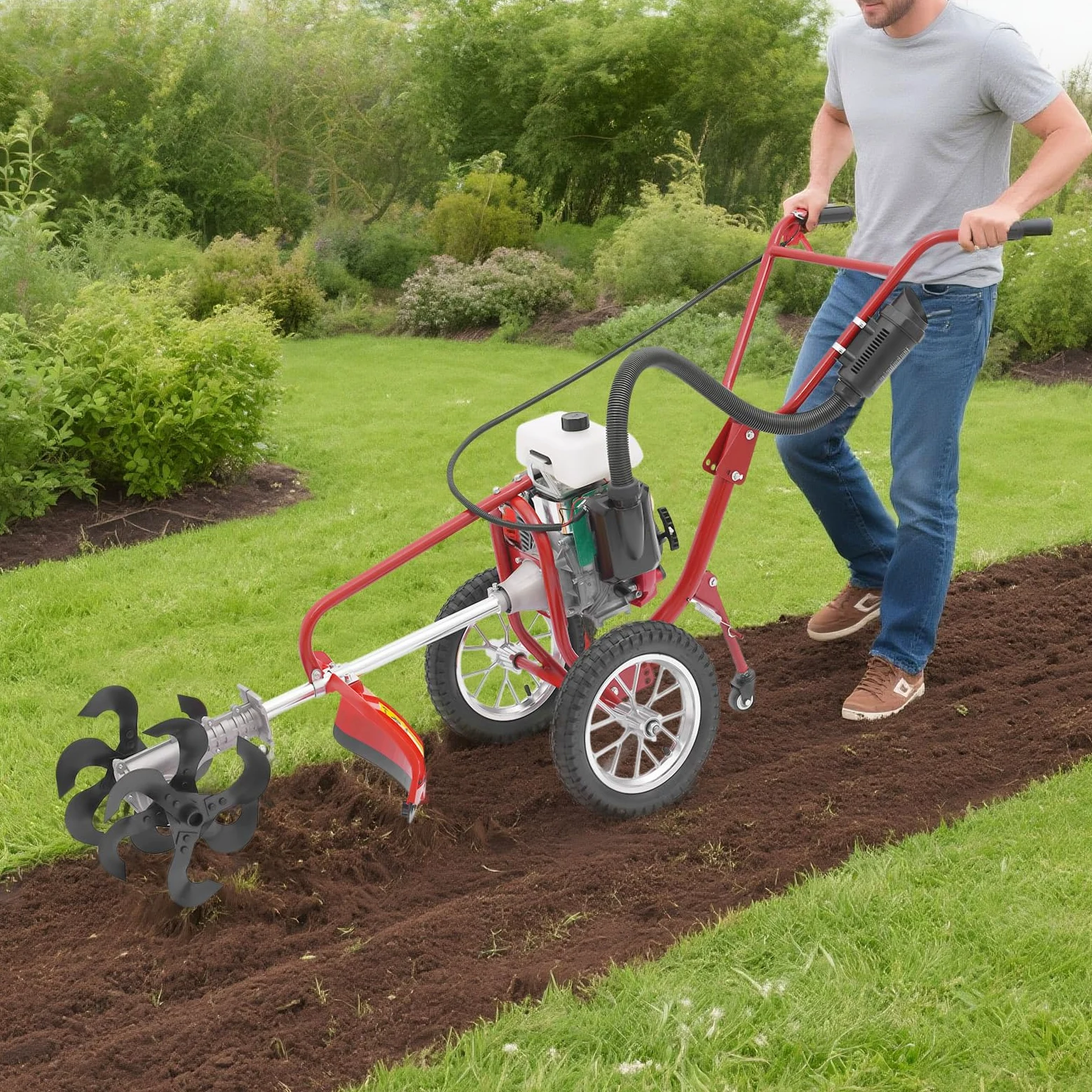 4PS 63cc benzinbetriebener Motorhacke, Garten-Motorhacke, Bodenbearbeitungsmaschine mit Seilzugstarter, 10 cm Arbeitstiefe, luftgekühlt, geeignet für die Bodenbearbeitung in Gärten und auf Feldern