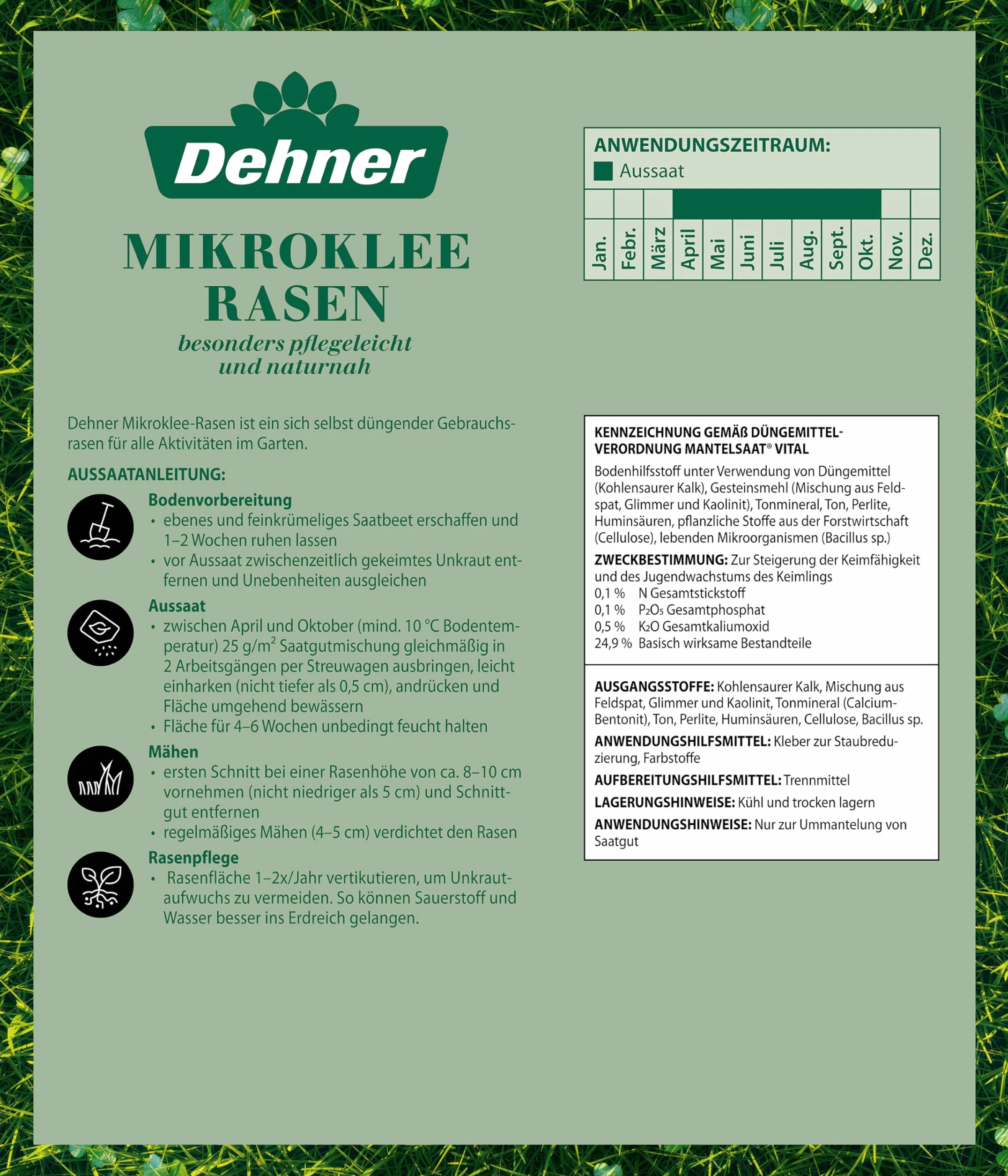 Dehner Saatgut Rasensamen, Mikroklee-Rasen, hochwertige Saatgutmischung, selbstdüngend/selbstkeimend, 625 g, für ca. 25 m², natur