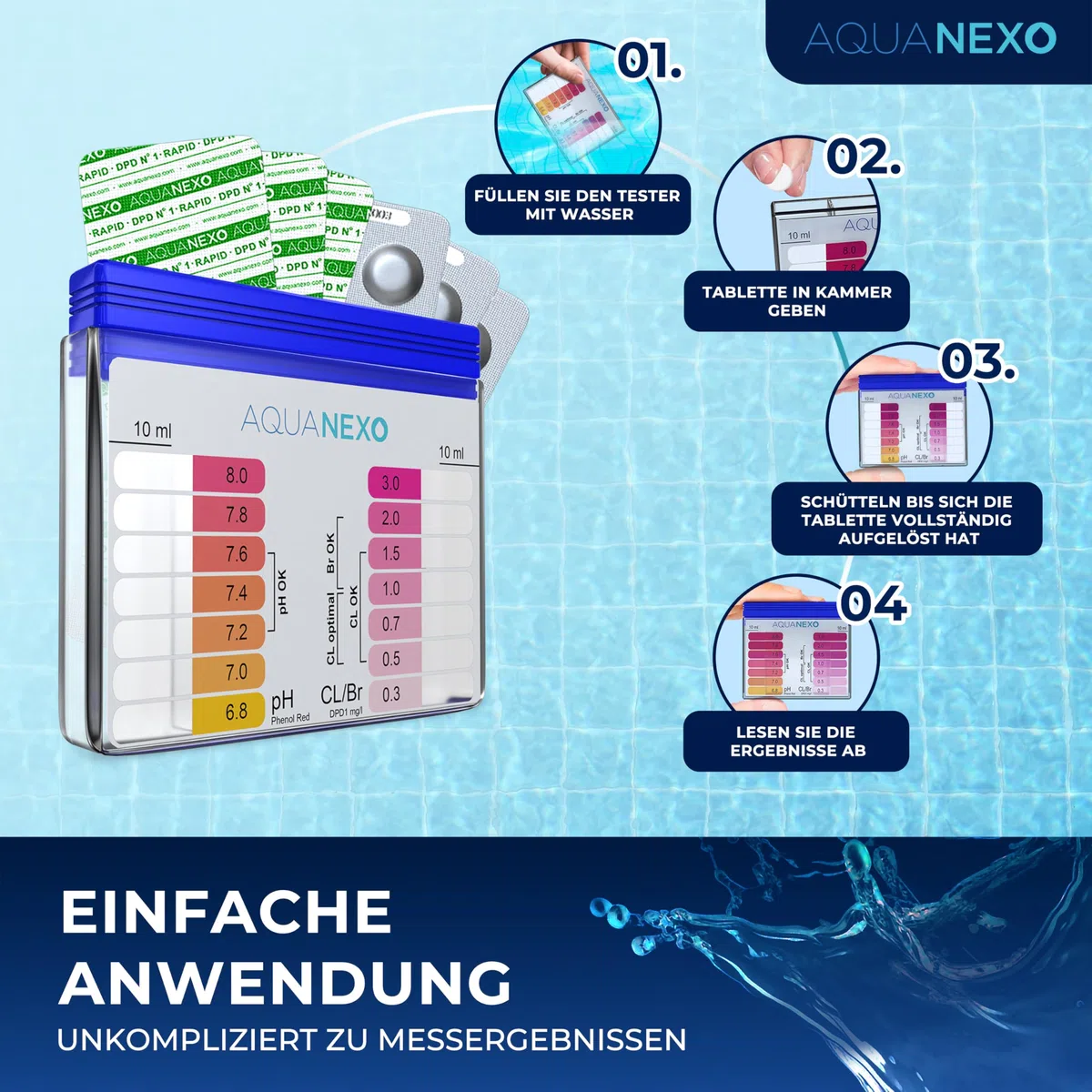 Pool Tester pH und Chlor inkl. 60 Pool Testtabletten, Pooltester, Pool Wassertester, Schütteltester Pool ph Tester, Pool Tester Chlor und pH für Schwimmbad, Planschbecken, Whirlpool