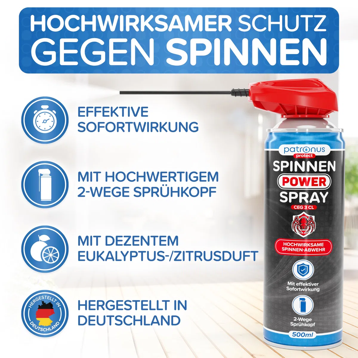 Patronus Spinnen Power Spray mit effektiver Sofortwirkung [500 ml] | Anti Spinnenspray mit Sprühlanze gegen Spinnen & zur Spinnen Abwehr, hochwirksames Anti Spinnen Spray für Indoor & Outdoor