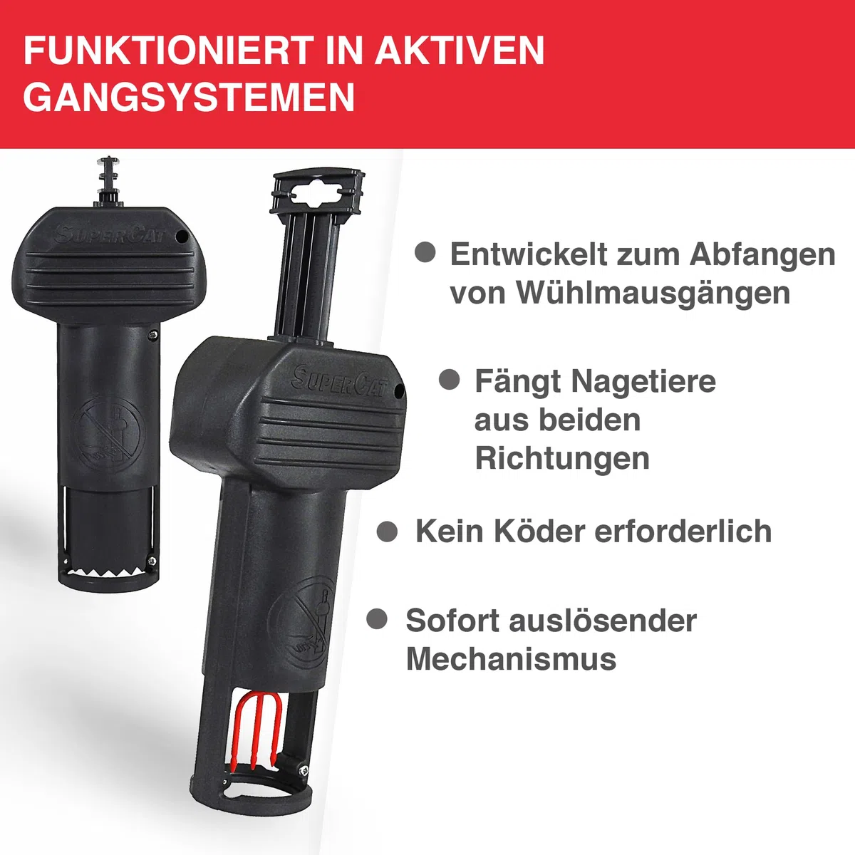 SWISSINNO Wühlmausfalle PRO SuperCat - Effiziente Schlagfalle gegen Feld- & Wühlmäuse, Patentierter Auslösemechansimus, Einfach einzurichten, Sicher & Wiederverwendbar - 1 Falle