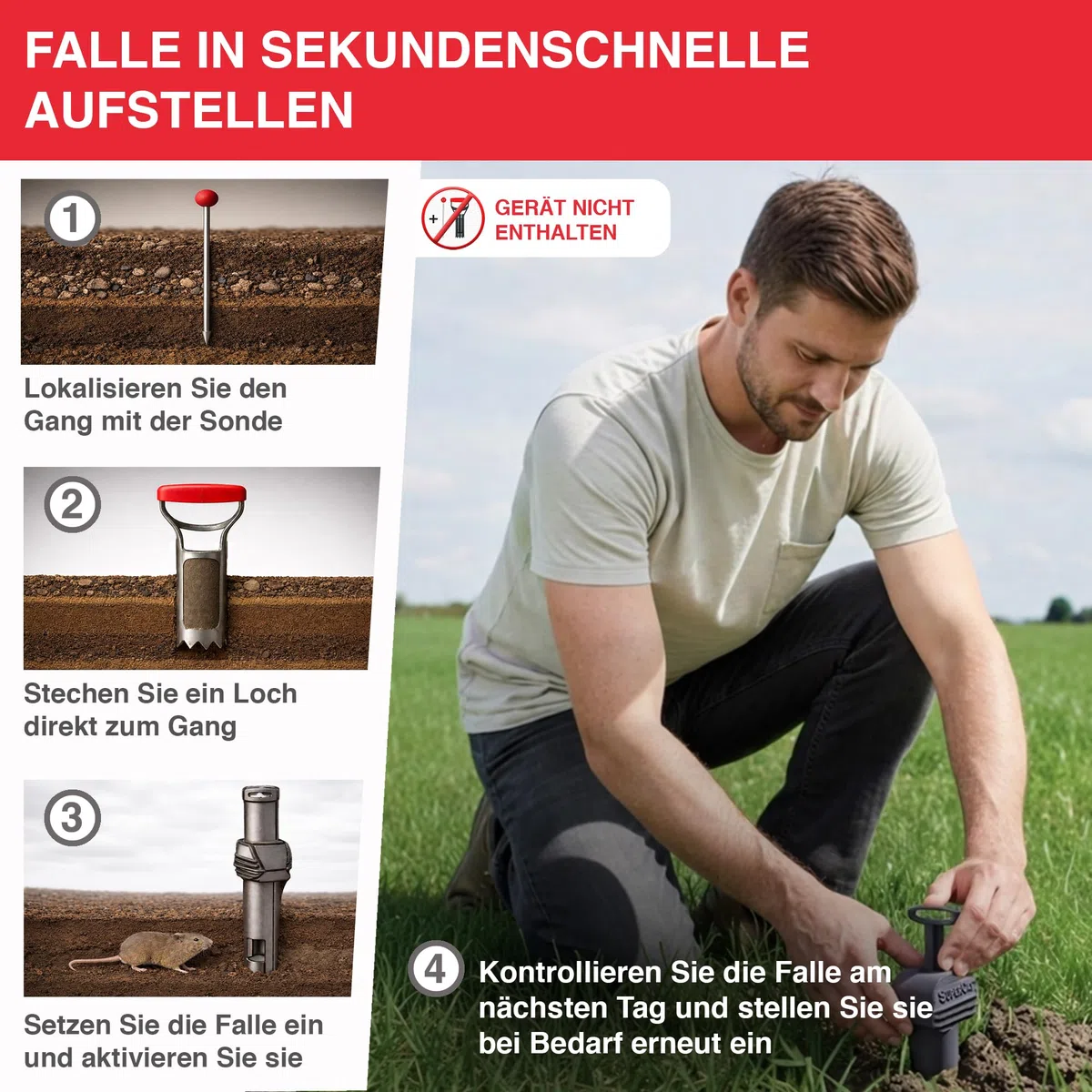 SWISSINNO Wühlmausfalle PRO SuperCat - Effiziente Schlagfalle gegen Feld- & Wühlmäuse, Patentierter Auslösemechansimus, Einfach einzurichten, Sicher & Wiederverwendbar - 1 Falle