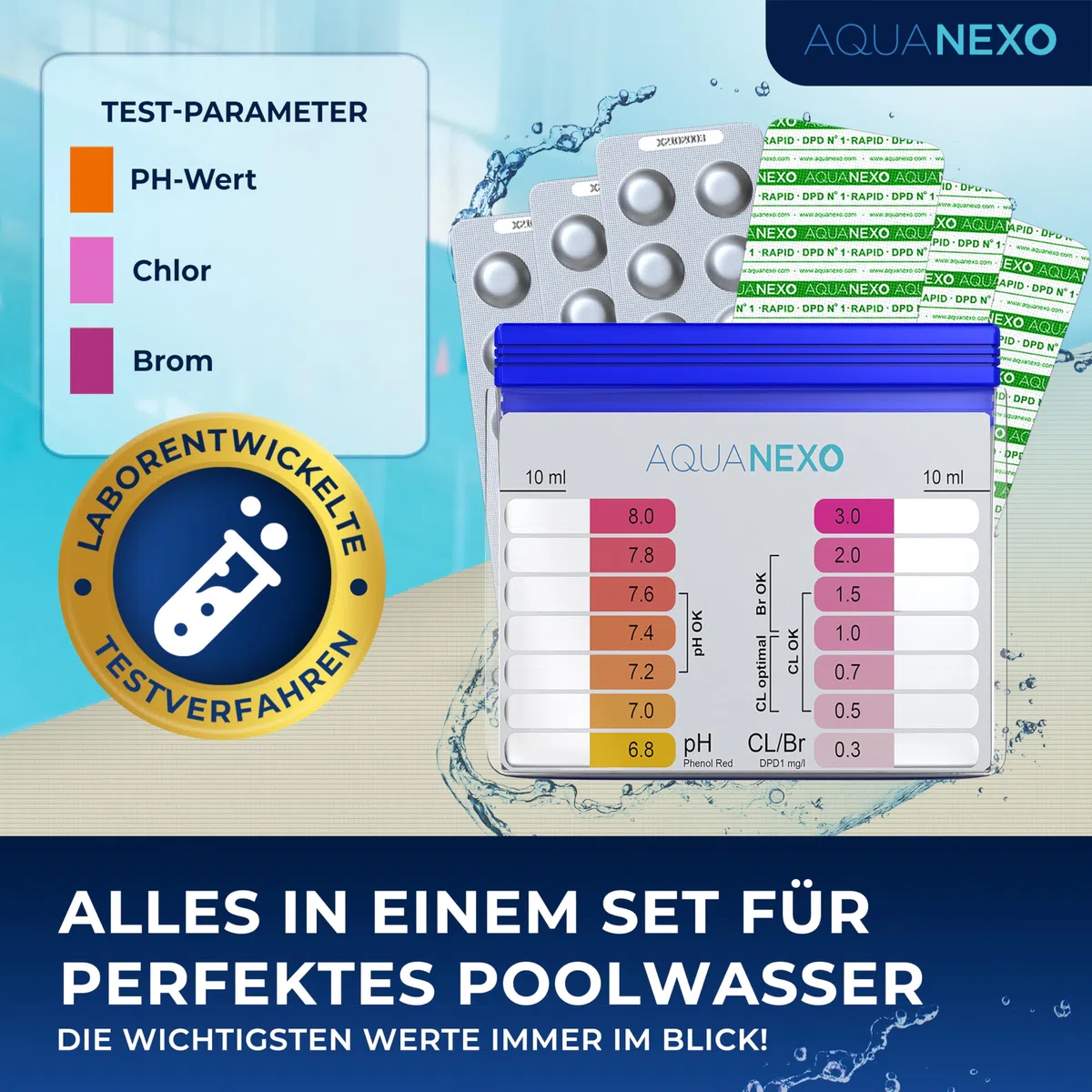 Pool Tester pH und Chlor inkl. 60 Pool Testtabletten, Pooltester, Pool Wassertester, Schütteltester Pool ph Tester, Pool Tester Chlor und pH für Schwimmbad, Planschbecken, Whirlpool