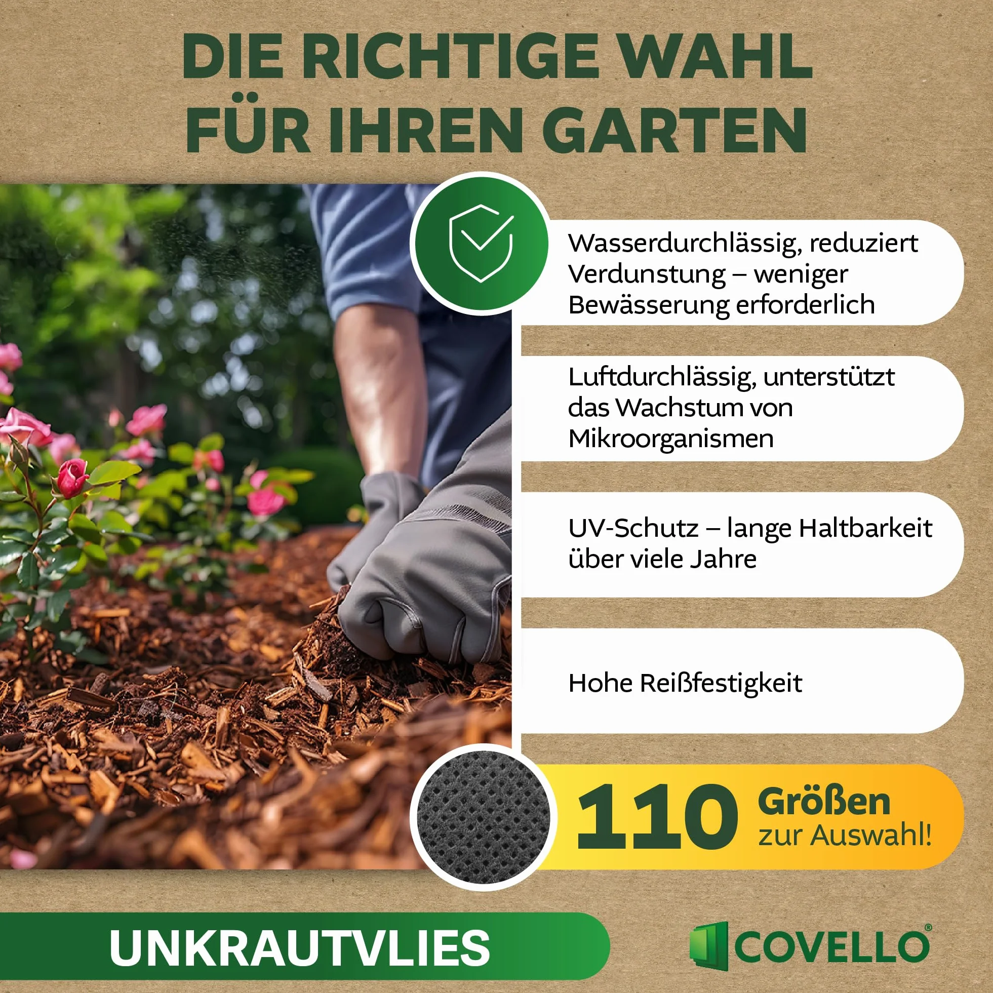 Covello Unkrautvlies 40m² Premium Line - Unkrautfolie wasserdurchlässig - Unkrautvlies für Garten - Gartenvlies gegen Unkraut hohe UV-Stabilisierung (40m x 1m) - reißfestes Unkrautvlies 50g/m²