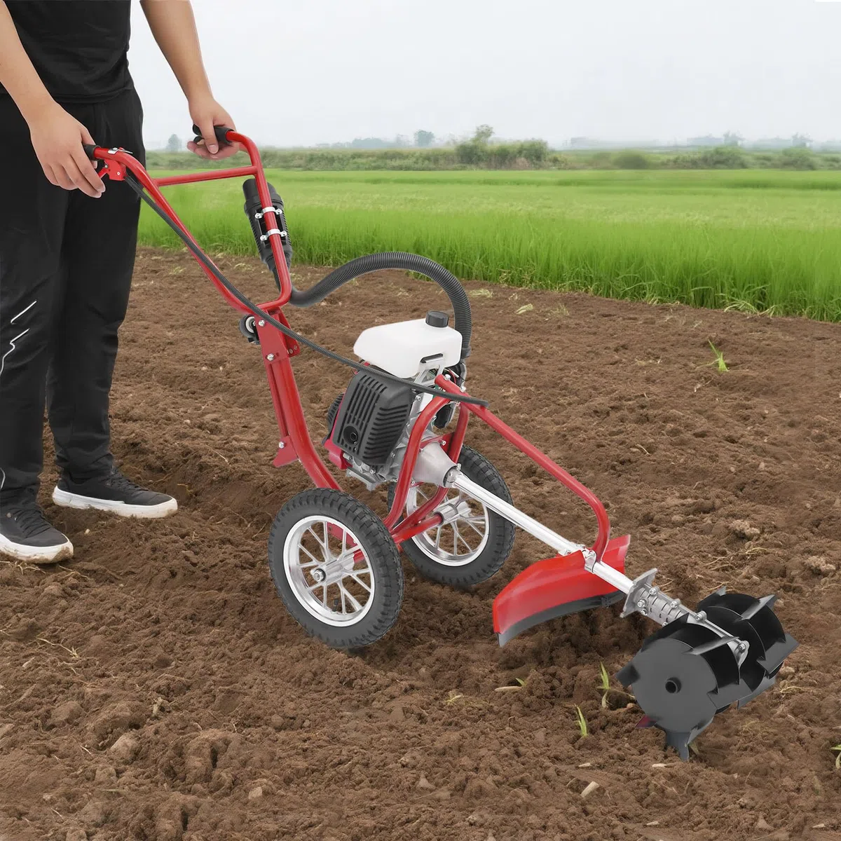 4PS 63cc benzinbetriebener Motorhacke, Garten-Motorhacke, Bodenbearbeitungsmaschine mit Seilzugstarter, 10 cm Arbeitstiefe, luftgekühlt, geeignet für die Bodenbearbeitung in Gärten und auf Feldern
