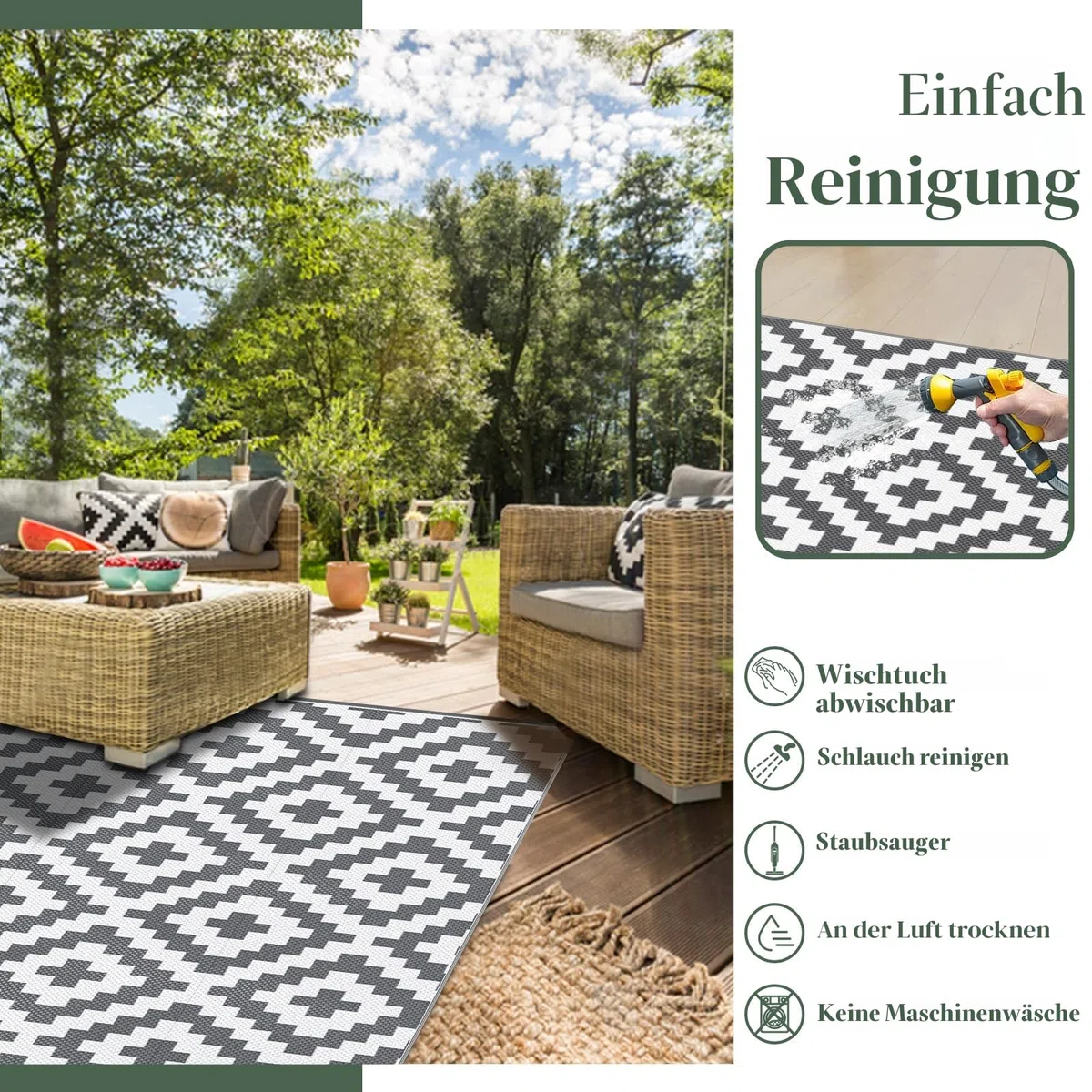 MOKANI Outdoor Teppich Wetterfest 120x180cm, Kunststoff Stroh/Plastik Reversible Matte UV-beständig Camping Patio Wasserdichter Außenbereich für Balkon Terrasse Pinic
