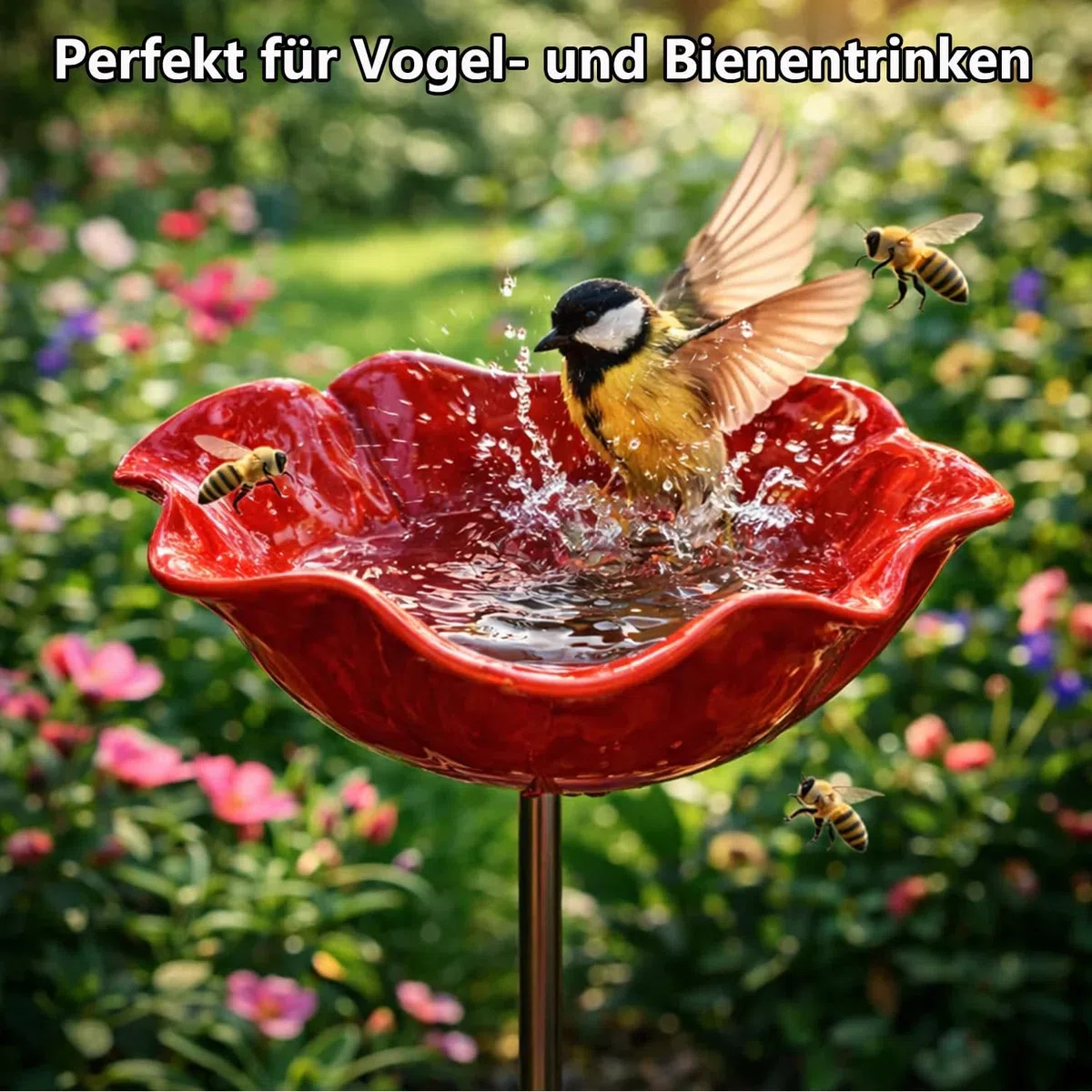 2Stück Vogeltränke Blume Winterfest Futterstation Vögel,Insektentränke Blumes Für Den Garten,Vogeltränke Metall Gartenstecker,Bienentränke Gartens Für Bienens,Futterschale, Für Rasen (2Pcs Rot)
