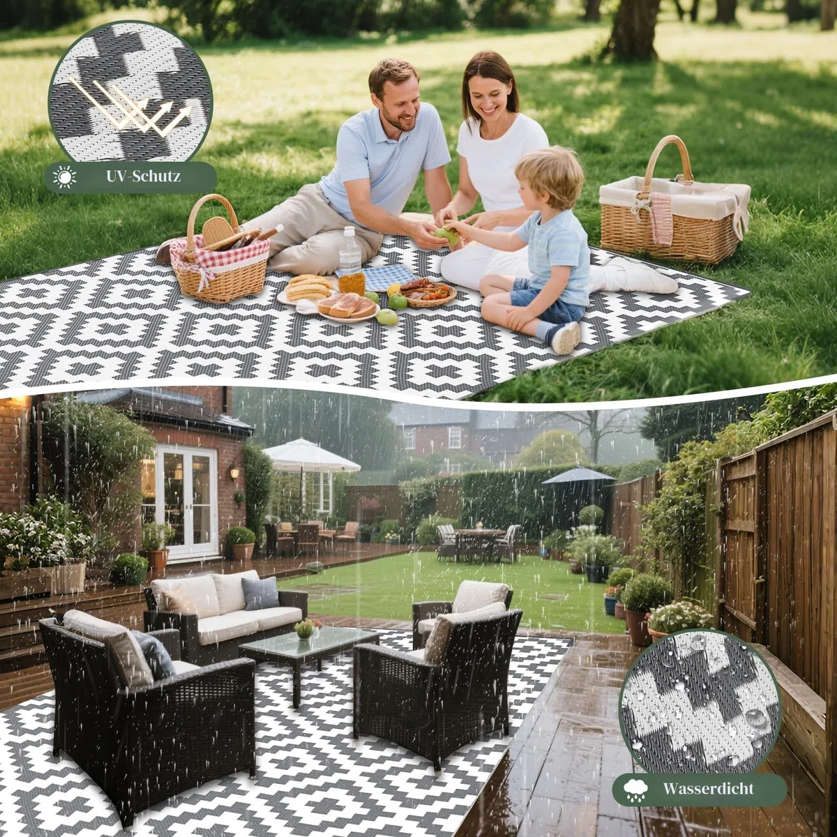 MOKANI Outdoor Teppich Wetterfest 120x180cm, Kunststoff Stroh/Plastik Reversible Matte UV-beständig Camping Patio Wasserdichter Außenbereich für Balkon Terrasse Pinic