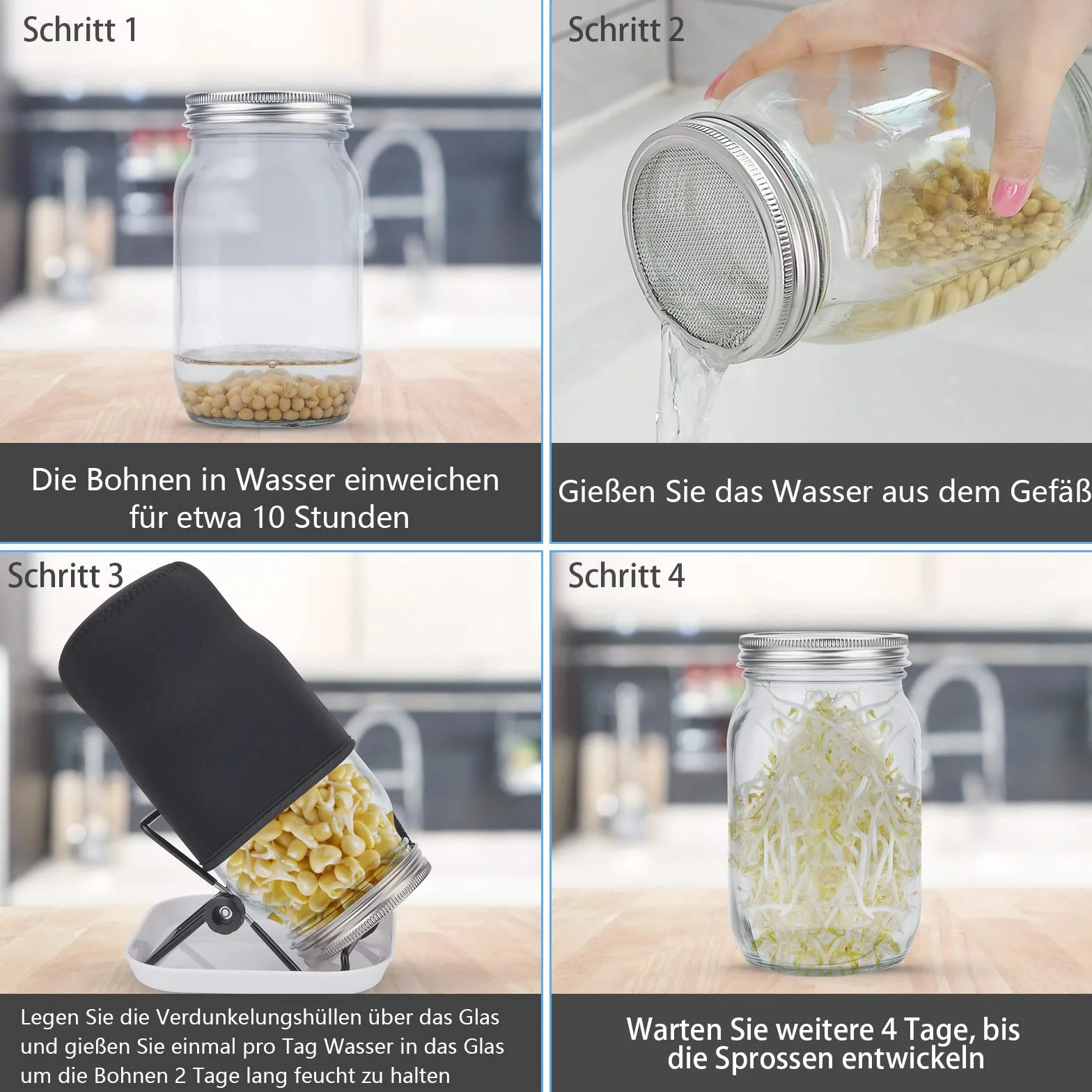 Sprossenglas, Sprossen Keimglas 2er Set, Sprouting Jar mit Deckel, Sieb & Abtropfschale, Sprossen Keimgerät für Alfalfa Kresse Brokkoli Mungobohnen