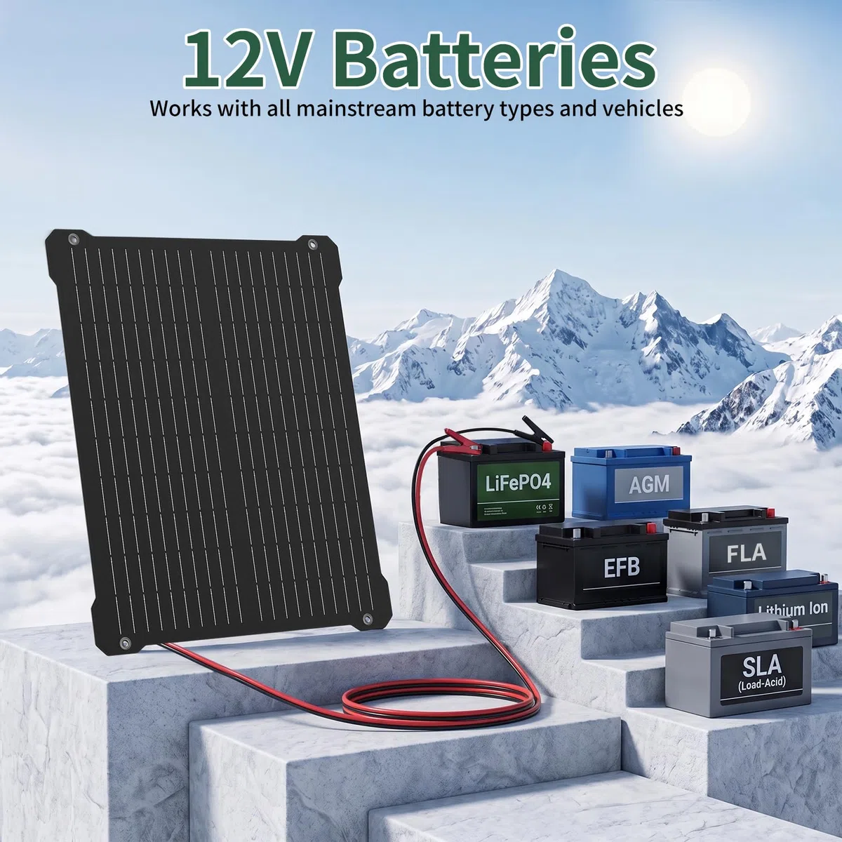 Paodekua 50 W 12 V wasserdichtes MPPT-Solarbatterie-Ladegerät und -wartung, UltraSmart-Laderegler mit V/A-Display, OBDII-Unterstützung und Solarpanel-Erhaltungslade-Sets für Auto, Auto, Boot