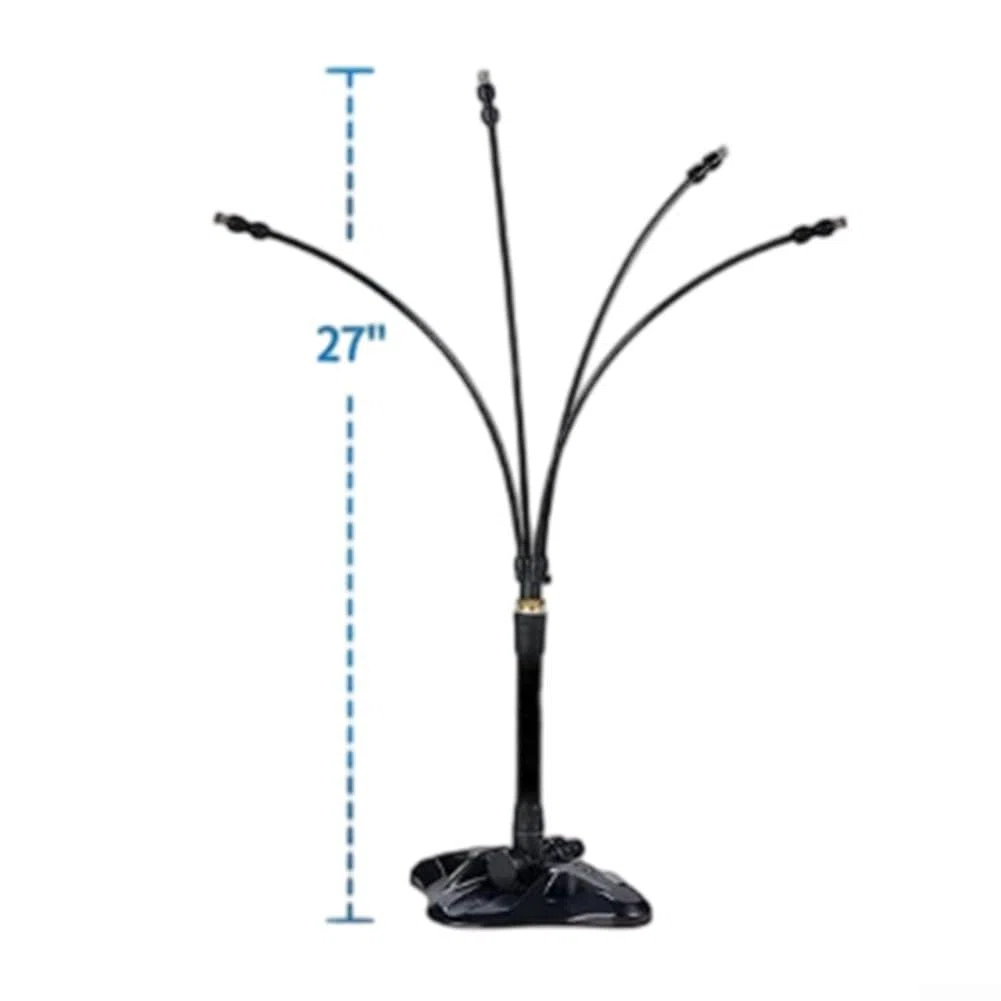 Stehendes Nebelkühlsystem für Outdoor-Zwecke, konfigurierbare Höhe (43,9–66 cm), 4-direktionale Form, Speicherschlauch, 7,6 m, Kupfer-Kunststoff-Sprühleitung, schwarz