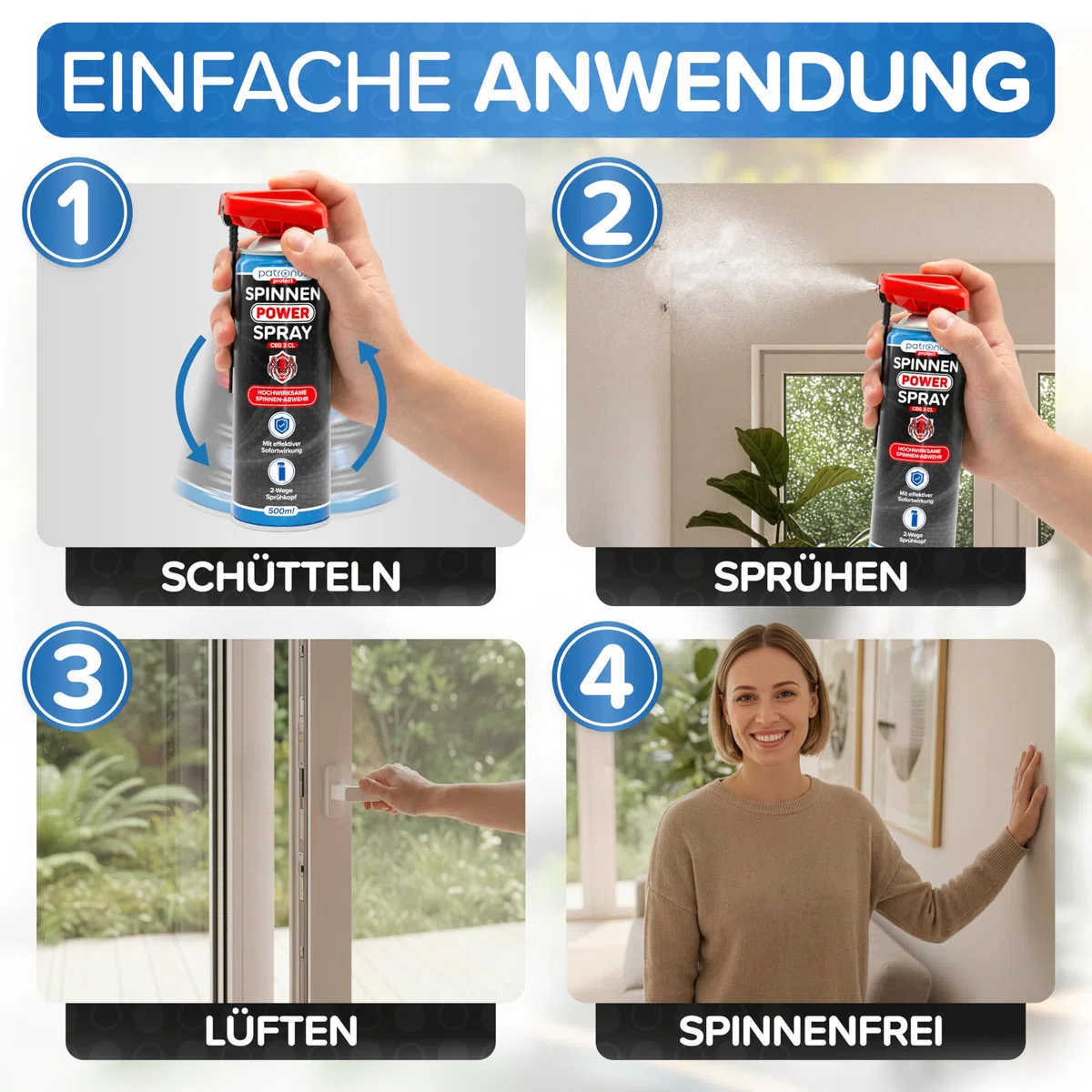 Patronus Spinnen Power Spray mit effektiver Sofortwirkung [500 ml] | Anti Spinnenspray mit Sprühlanze gegen Spinnen & zur Spinnen Abwehr, hochwirksames Anti Spinnen Spray für Indoor & Outdoor
