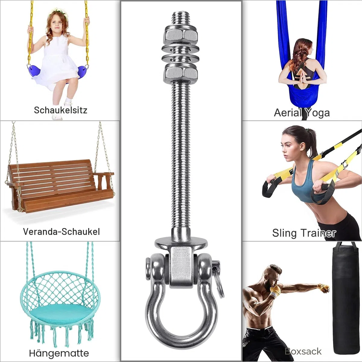 Dolibest 2er Schaukelhaken Holzbalken Lager, 175mm Hängematte Befestigung M10 Schwerlast Hängesessel Aufhängung Betondecke Edelstahl Drehbar Boxsack Deckenhalterung ösenhaken zum Schrauben, Bis 680kg