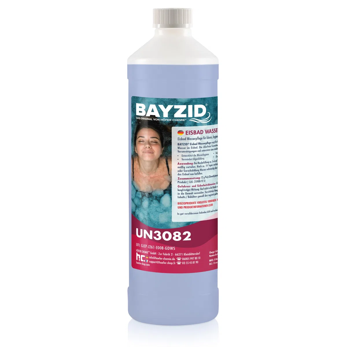 BAYZID 1 L Eisbad Wasserpflege ohne Chlor - Hygiene & Klarwasser für Eisbäder, Kaltwasserbecken & Eistonnen - Chlorfrei & Duftstofffrei - Effektive Anti-Bakterien-Formel - Einfache Dosierung