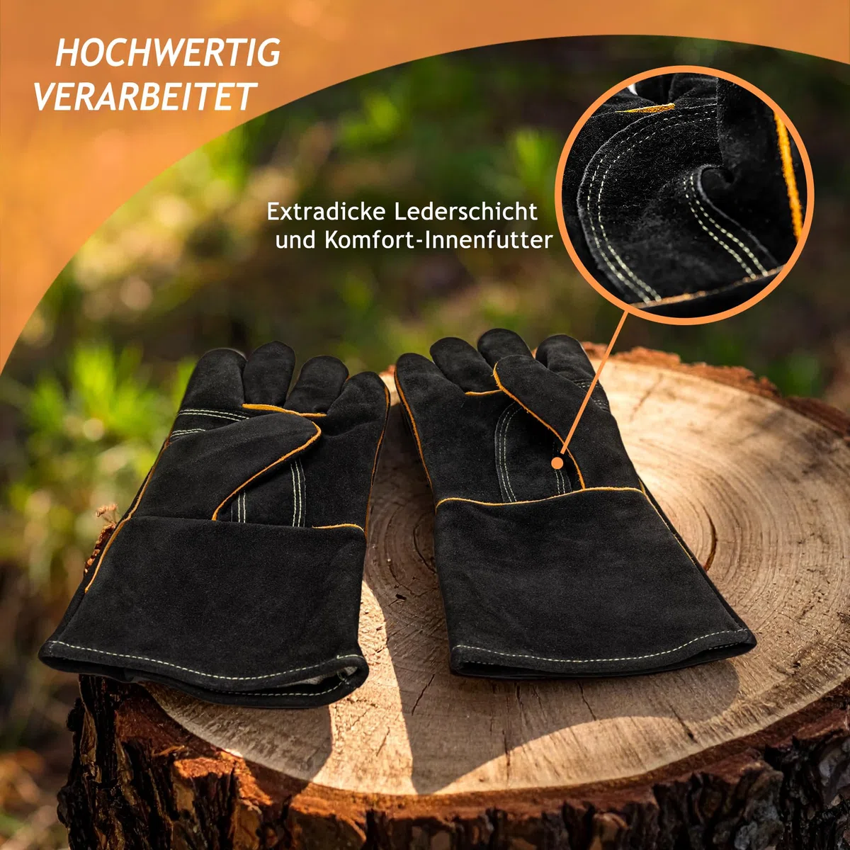 Rin & Rut Grillhandschuhe & Ofenhandschuhe aus Leder 34,5 cm - hitzebeständige Koch- & Kaminhandschuhe mit weichem Innenfutter - Lange feuerfeste Grillhandschuhe für Backofen, BBQ & Kamin