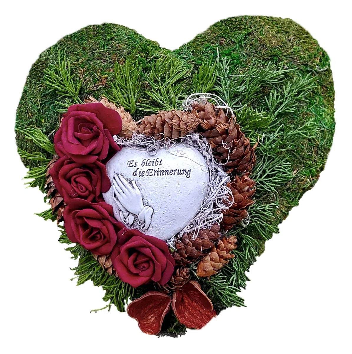 Der kleine Dekoladen Deko & Geschenke by Sabine Faust Lünen Grabgesteck aus Moos und Rosen, mit Zapfen und Fruchtständen, 30 cm haltbarer Grabschmuck Allerheiligen Totensonntag
