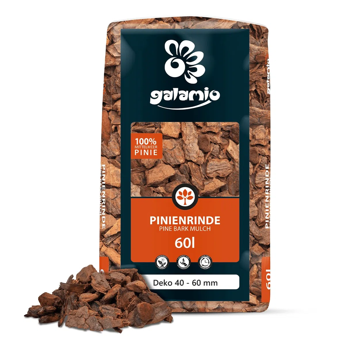 GALAMIO Pinienrinde Deko 40-60mm – 60L Sack Pinienmulch Rindenmulch Garten | Naturbelassener Rindenmulch aus südeuropäischer Mittelmeerkiefer – dekorative Grob-Körnung für Wege, Böschungen & Flächen