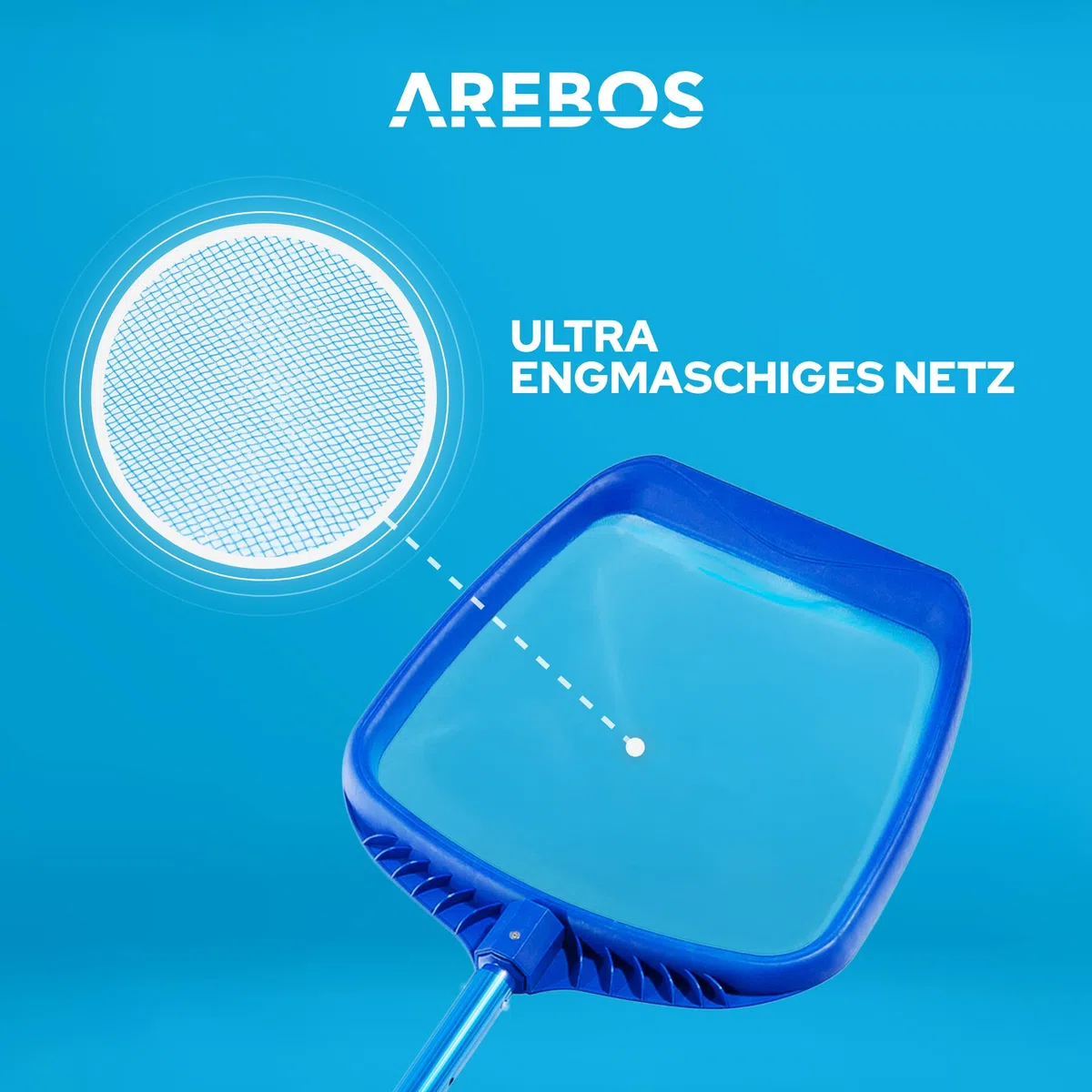 Arebos Poolkescher Feinmaschig mit Teleskopstange | Poolreinigung Bodenkescher | Tiefenkescher Länge von 1,20-1,90 m | Pool Kescher Große Aufnahmelippe | Flaches und engmaschiges Netz | Blau