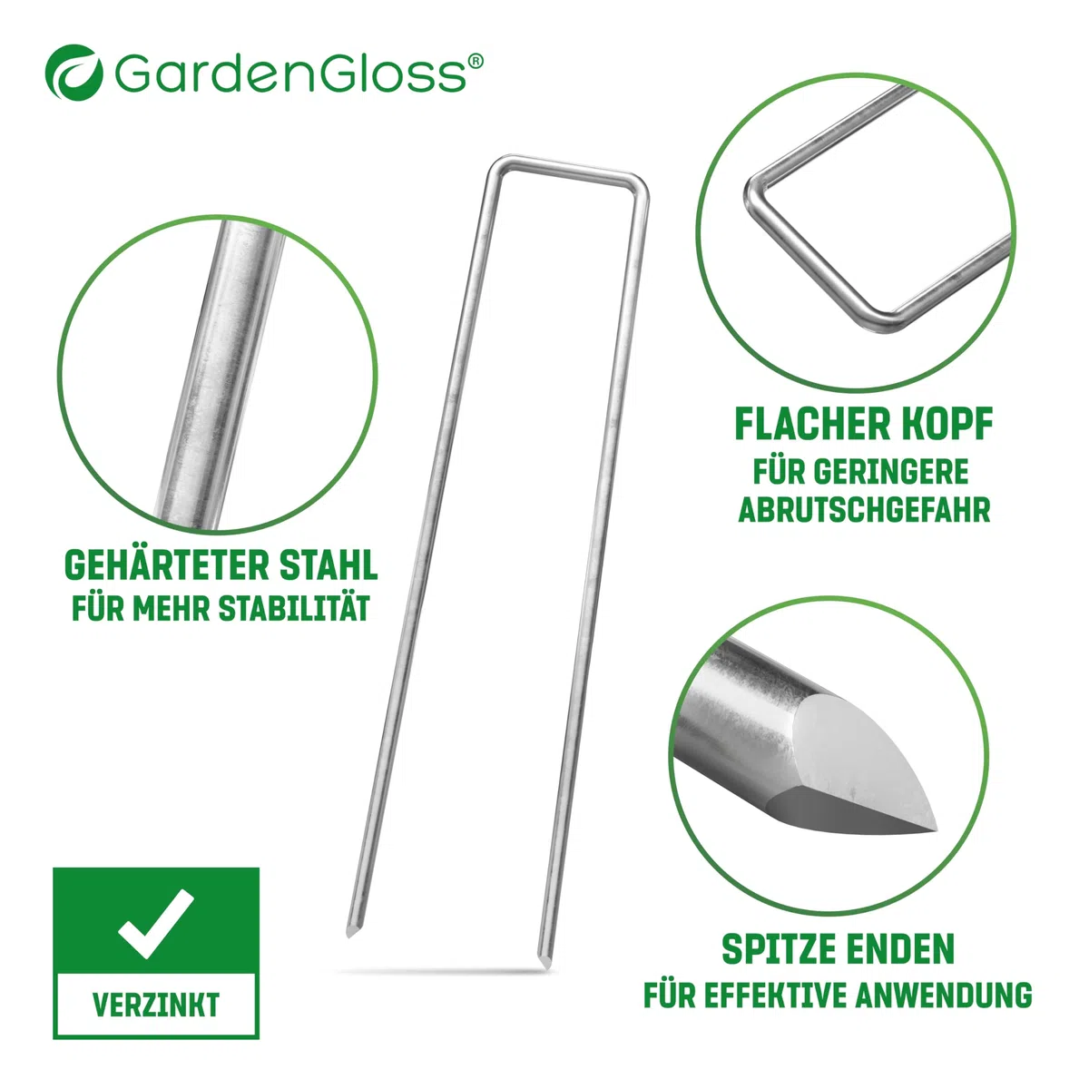 GardenGloss Rostfreie Erdanker aus Stahl (100 Stück) - 150 x 25 mm, Ø 3 mm | Stabile Bodenanker für Unkrautvlies - Gartenvlies - Zaun & Camping
