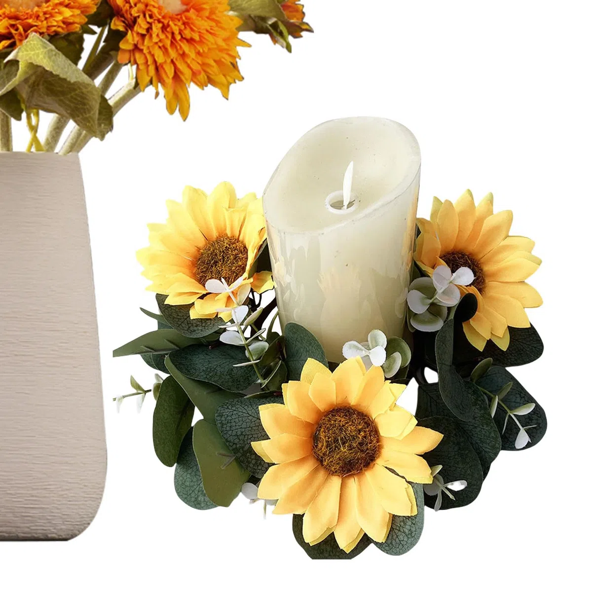 Kleine Ringe für Sonnenblumenkerzen, Kerzenringe für Blumenkerzen | Kerzenhalter mit Frühlingsblättern - Künstliche Kerzengirlande mit Girlande Eukalyptusblätter Sonnenblume 9,84 Poll