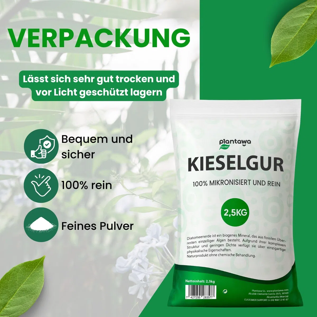 PLANTAWA Kieselgur 2,5kg | 100% Natürlich und Nachhaltig | Diatomaceous Earth | Fein Gemahlenes Kieselgur Pulver Ohne Chemische Behandlungen | Vielseitig Einsetzbar