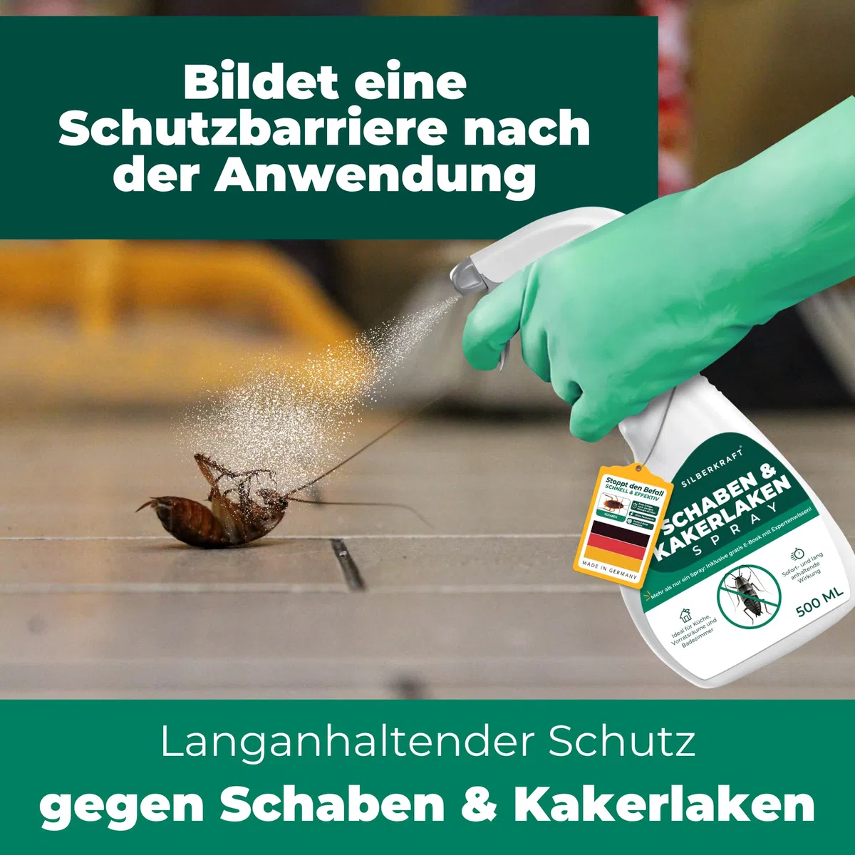 Schabenspray 500ml inkl. E-Book per QR-Code - Anti Schaben Spray mit Langzeitwirkung für Küche & Bad - Schabenmittel & Kakerlakenspray gegen Schaben & Kakerlaken im Haus