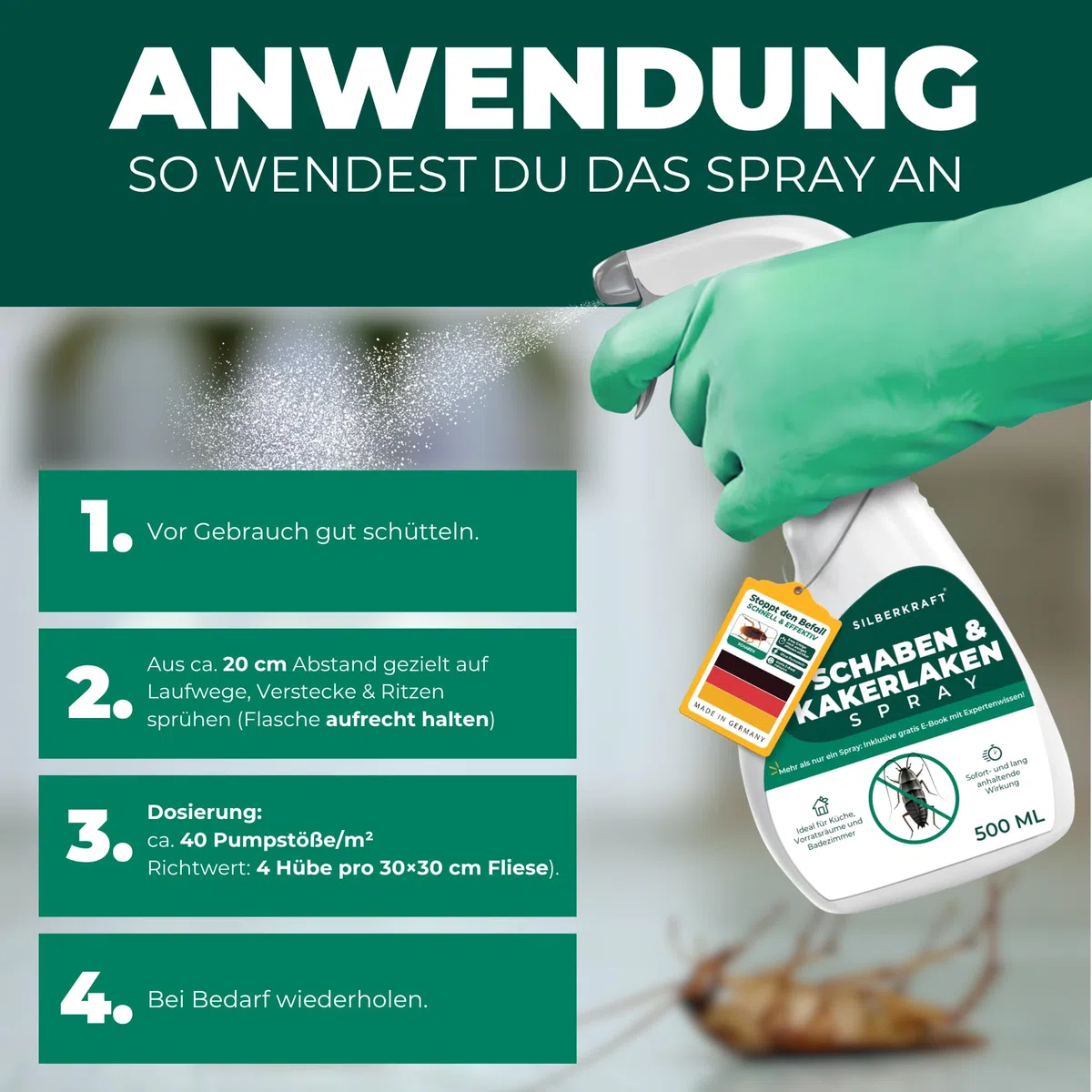 Schabenspray 500ml inkl. E-Book per QR-Code - Anti Schaben Spray mit Langzeitwirkung für Küche & Bad - Schabenmittel & Kakerlakenspray gegen Schaben & Kakerlaken im Haus