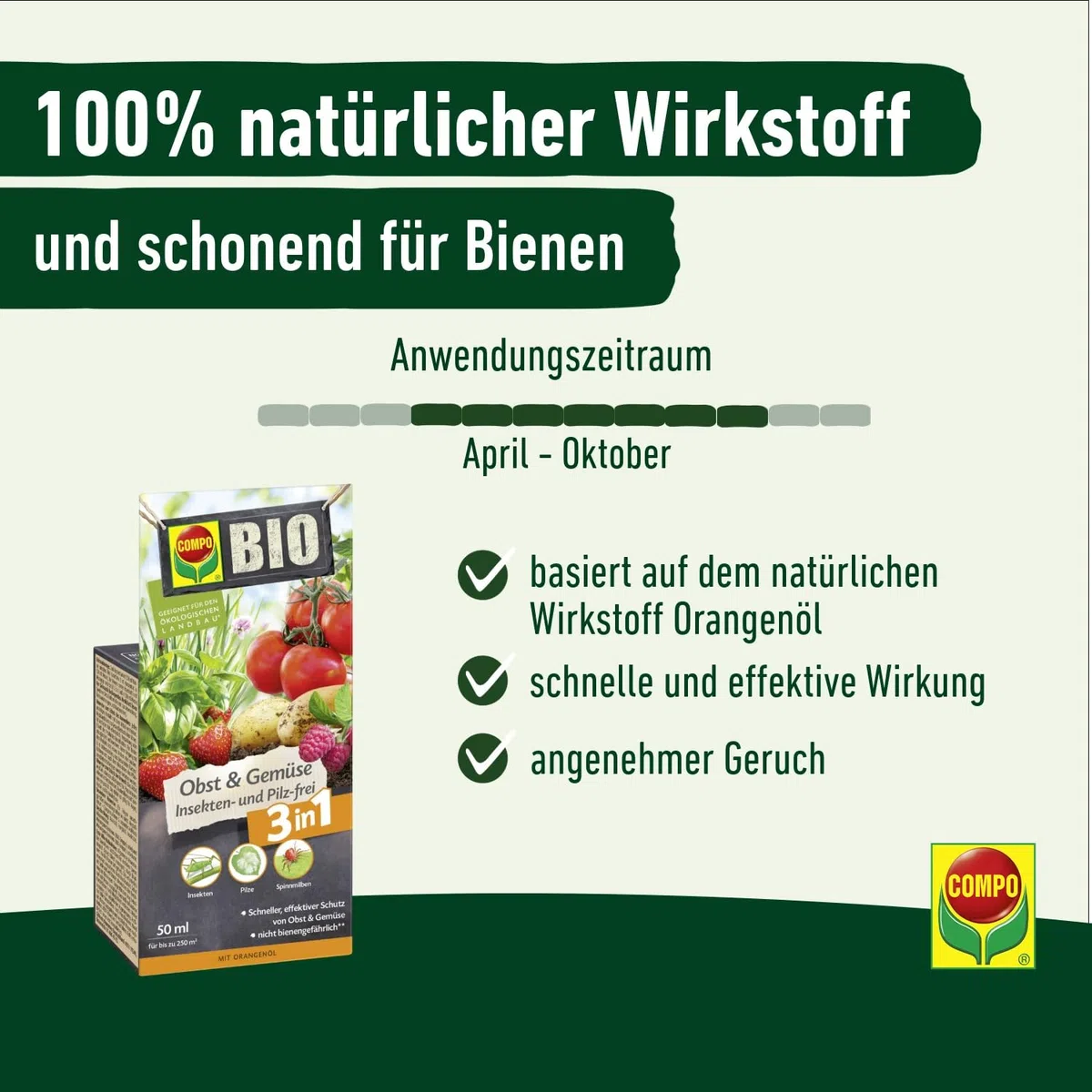 COMPO Obst & Gemüse Insekten- und Pilz-frei - 50 ml reichen für 250 m² - Bekämpfung von Insekten, Spinnmilben und Pilzkrankheiten - Wirkstoff aus der Natur