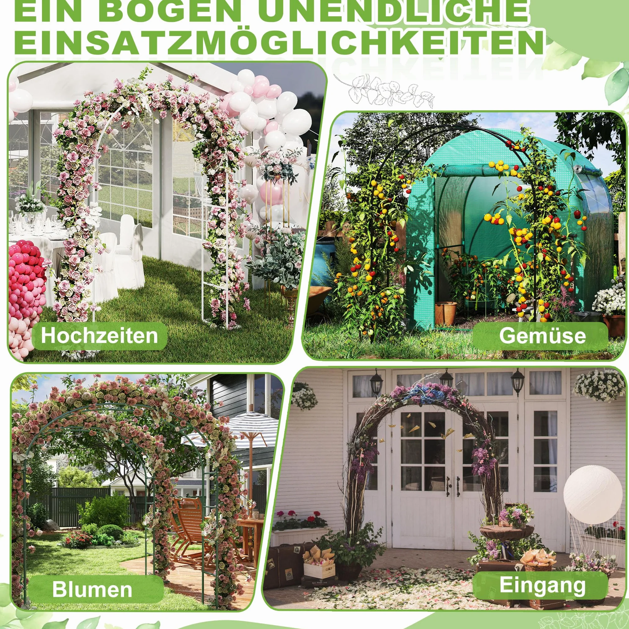 XMTECH Torbogen Rankhilfe, Gartenbogen aus Metall, 192x38x240cm, Stabiler Rosenbogen mit Bodenplatten, Rankhilfe für Kletterpflanzen, Rankbogen für Garten, Hochzeit & Feiern, wetterfest, Weiß