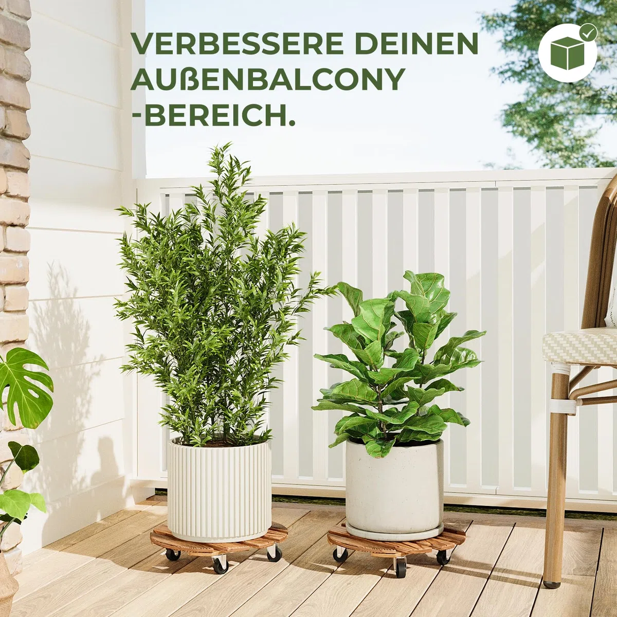 Bamworld Pflanzenroller Holz Rund 2er Set – stabiler Pflanzenroller Outdoor wetterfest mit Bremse, Blumentopf Untersetzer mit Rollen Ø 30.5 cm, Pflanzenuntersetzer mit Rollen für Innen & Außen