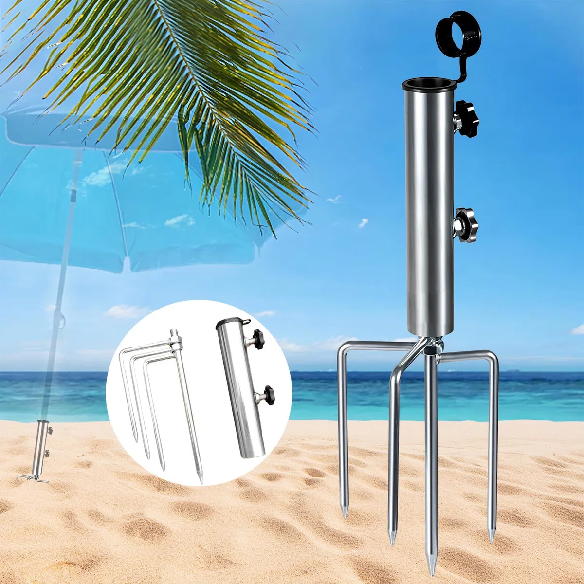 GOZYLA Sonnenschirmständer mit Rasendorn Schirmständer 4 Zinken: Sonnenschirmhalter Spikes Klein Fuß Terrassenschirm Stahlanker Fahrbar Sonnenschirmfuß für Außenbereich Gras Sand Strand