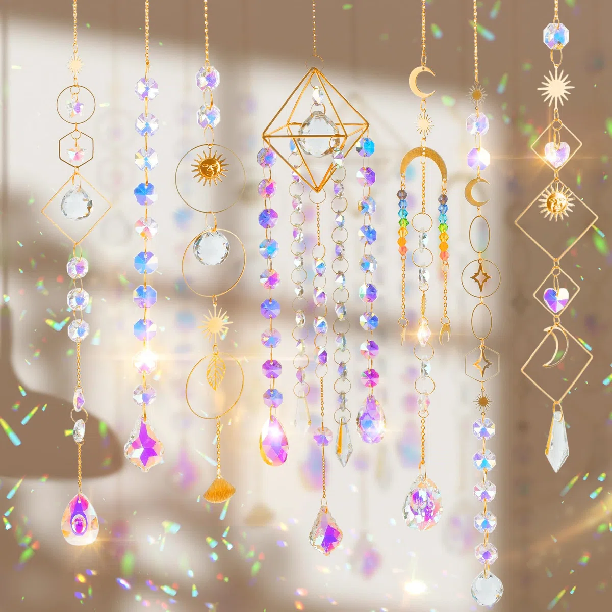 400 Stück Sonnenfänger Kristall Bastelset Erwachsene DIY Basteln Mond Sonne Suncatcher Fenster Windspiel Fensterdeko Anhänger Lichtfänger Prisma für Zuhause Büro Garten Weihnachten Tag Hochzeit Deko