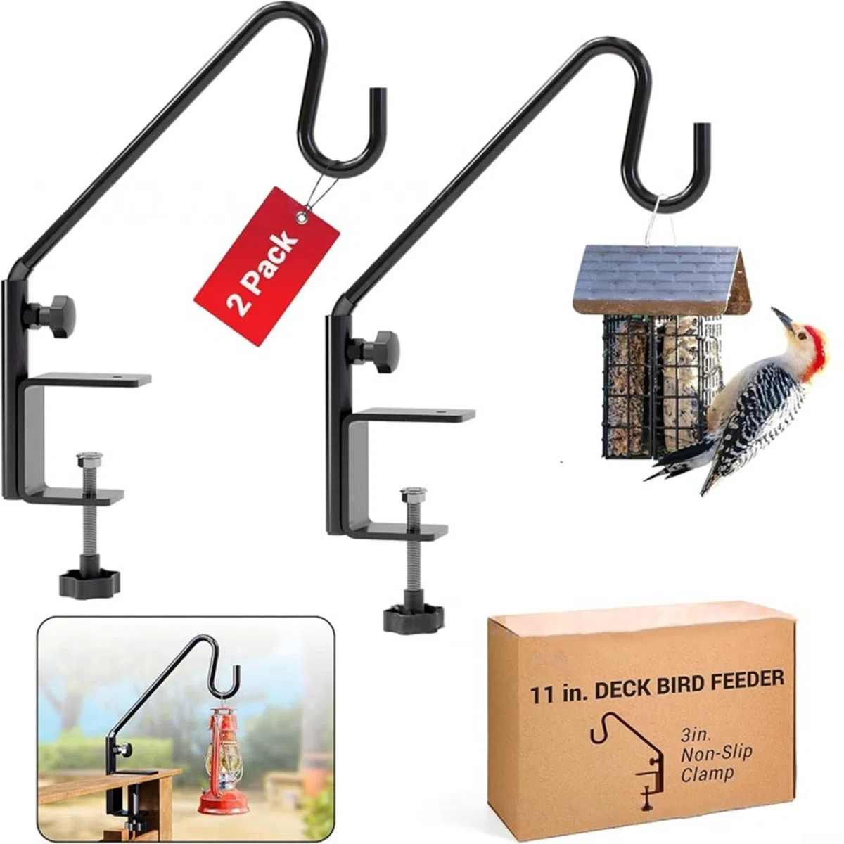Edelstahl Haken-Set für Vertikale Geländer, Verstellbar bis 28 Zoll, Tragkraft 15 lbs, für Vogelhäuser und Blumenkörbe auf Balkon & Terrasse, Schwarz(as shown)