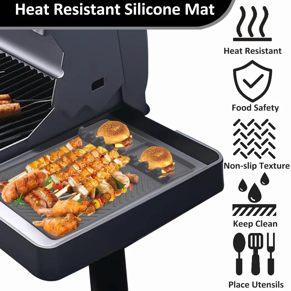 Silikon Grillmatte für Gasgrill Seitenbrenner, Gasgrill Seitentische Matte BBQ Utensilienhalter, Spachtelmatte für Küchen Herd Grill Arbeitsplatten, Grau
