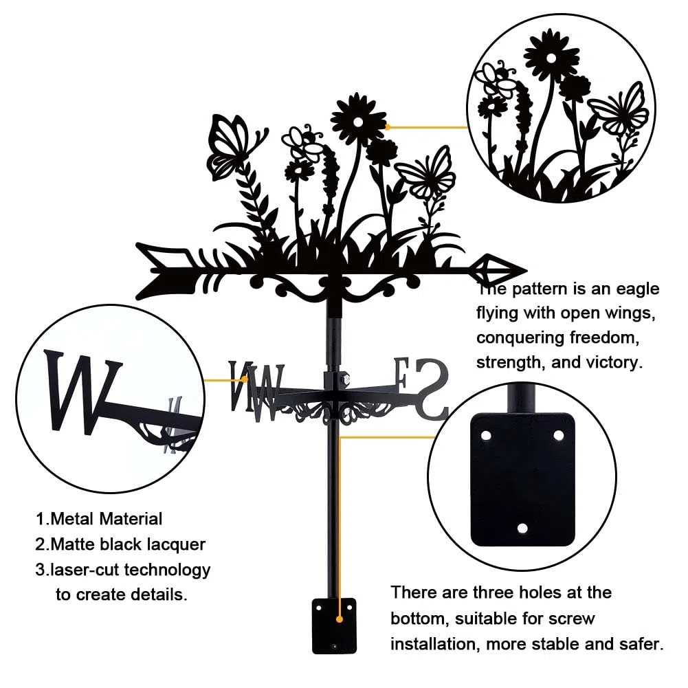 SUPERDANT Wetterhahn Mit Blumen Garten Wetterhahn fürs Dach Blumen Wetterfahne Aus Metall Wetterfahnen Aus Schwarzem Eisen Dekorative Wetterhahn Für Den Garten Für Dach Hof Terrasse Außendekoration