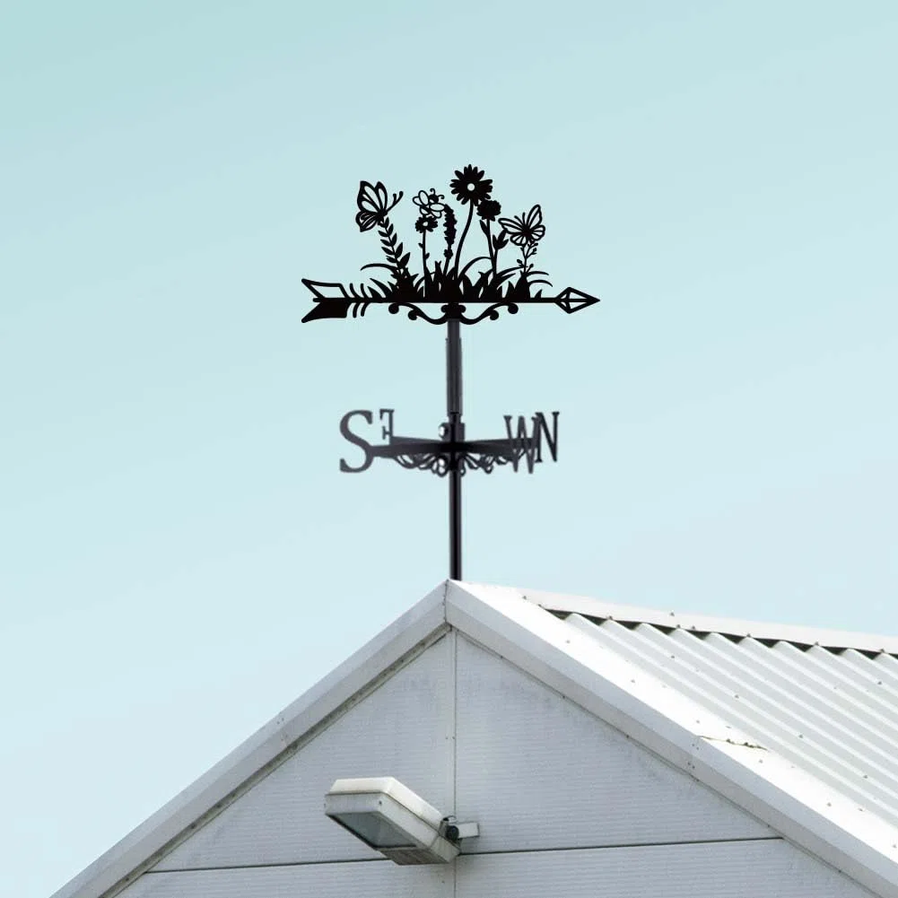 SUPERDANT Wetterhahn Mit Blumen Garten Wetterhahn fürs Dach Blumen Wetterfahne Aus Metall Wetterfahnen Aus Schwarzem Eisen Dekorative Wetterhahn Für Den Garten Für Dach Hof Terrasse Außendekoration