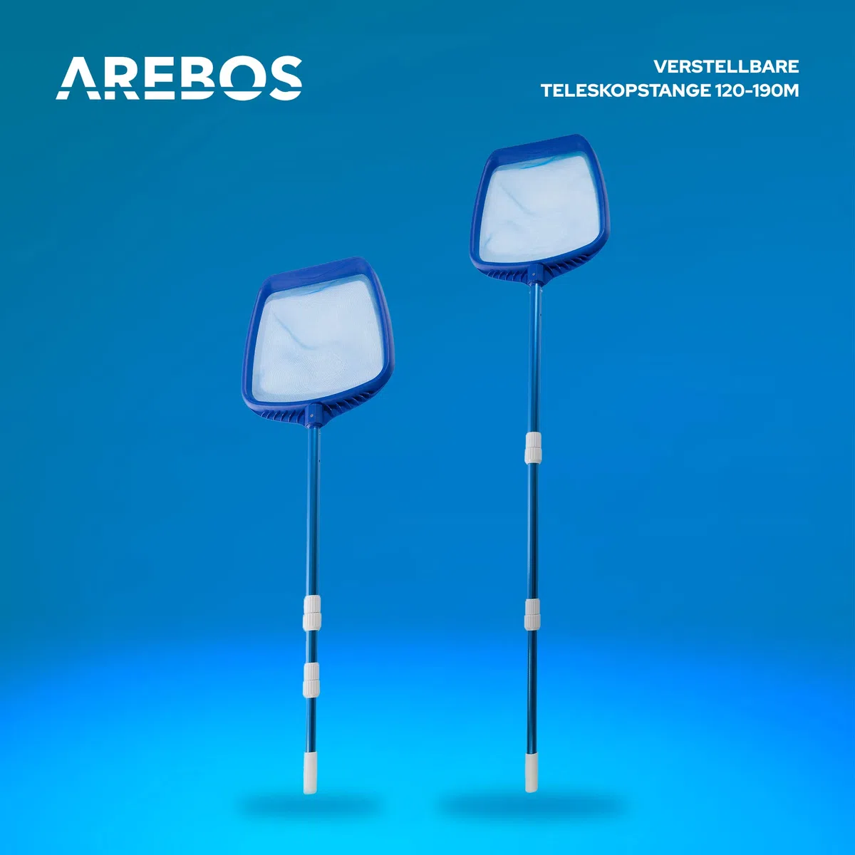 Arebos Poolkescher Feinmaschig mit Teleskopstange | Poolreinigung Bodenkescher | Tiefenkescher Länge von 1,20-1,90 m | Pool Kescher Große Aufnahmelippe | Flaches und engmaschiges Netz | Blau