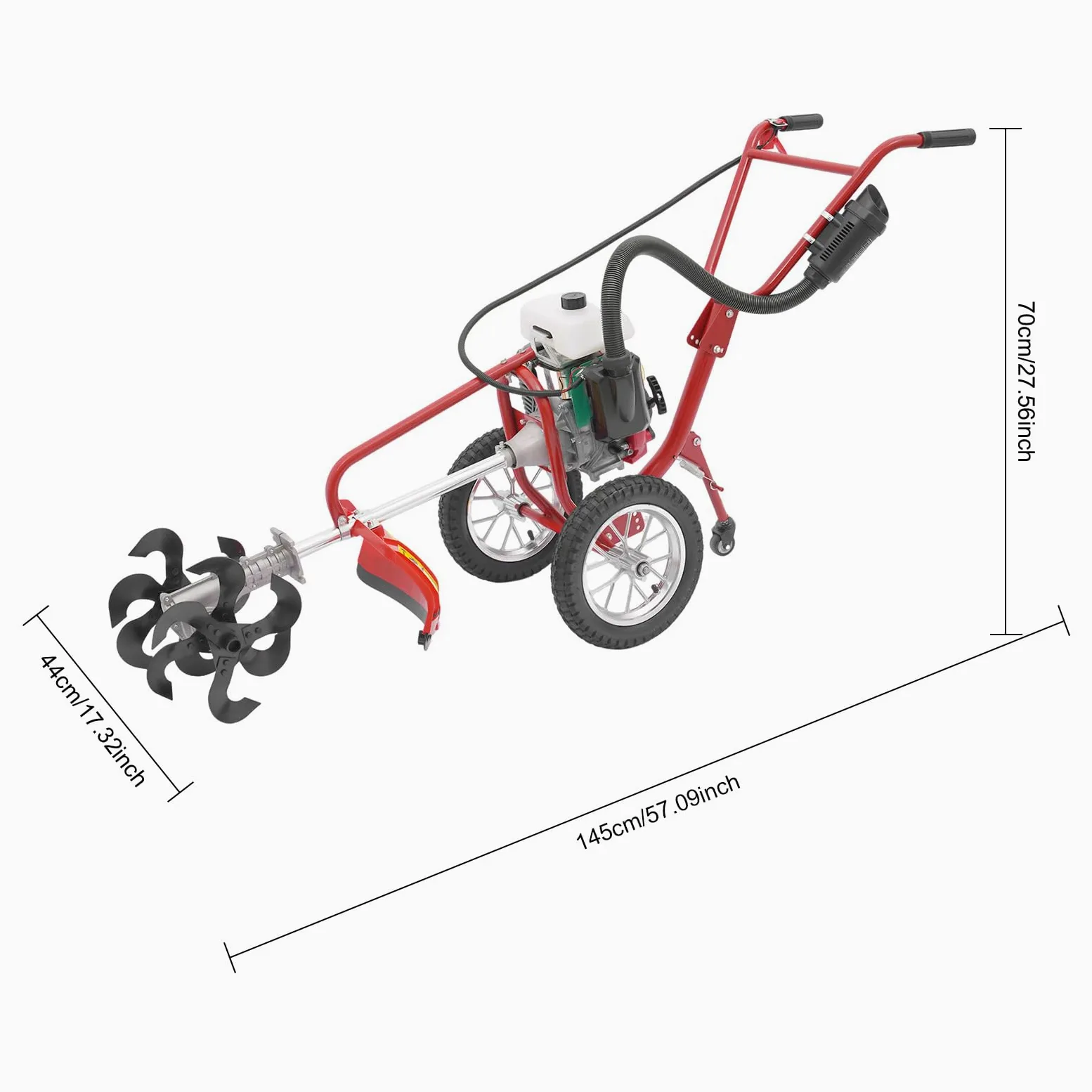 4PS 63cc benzinbetriebener Motorhacke, Garten-Motorhacke, Bodenbearbeitungsmaschine mit Seilzugstarter, 10 cm Arbeitstiefe, luftgekühlt, geeignet für die Bodenbearbeitung in Gärten und auf Feldern