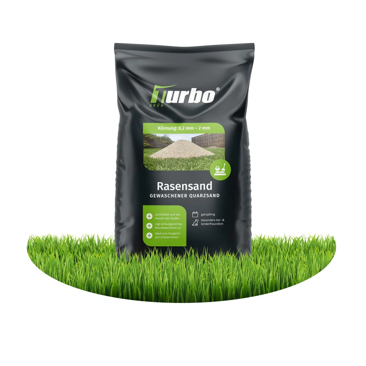 Turbogrün Rasensand, grober Quarzsand 0,2–2 mm, ideal zum Rasen sanden und Aerifizieren, verbessert Drainage und Bodenstruktur, für Garten und Sportflächen, 18 kg Sack