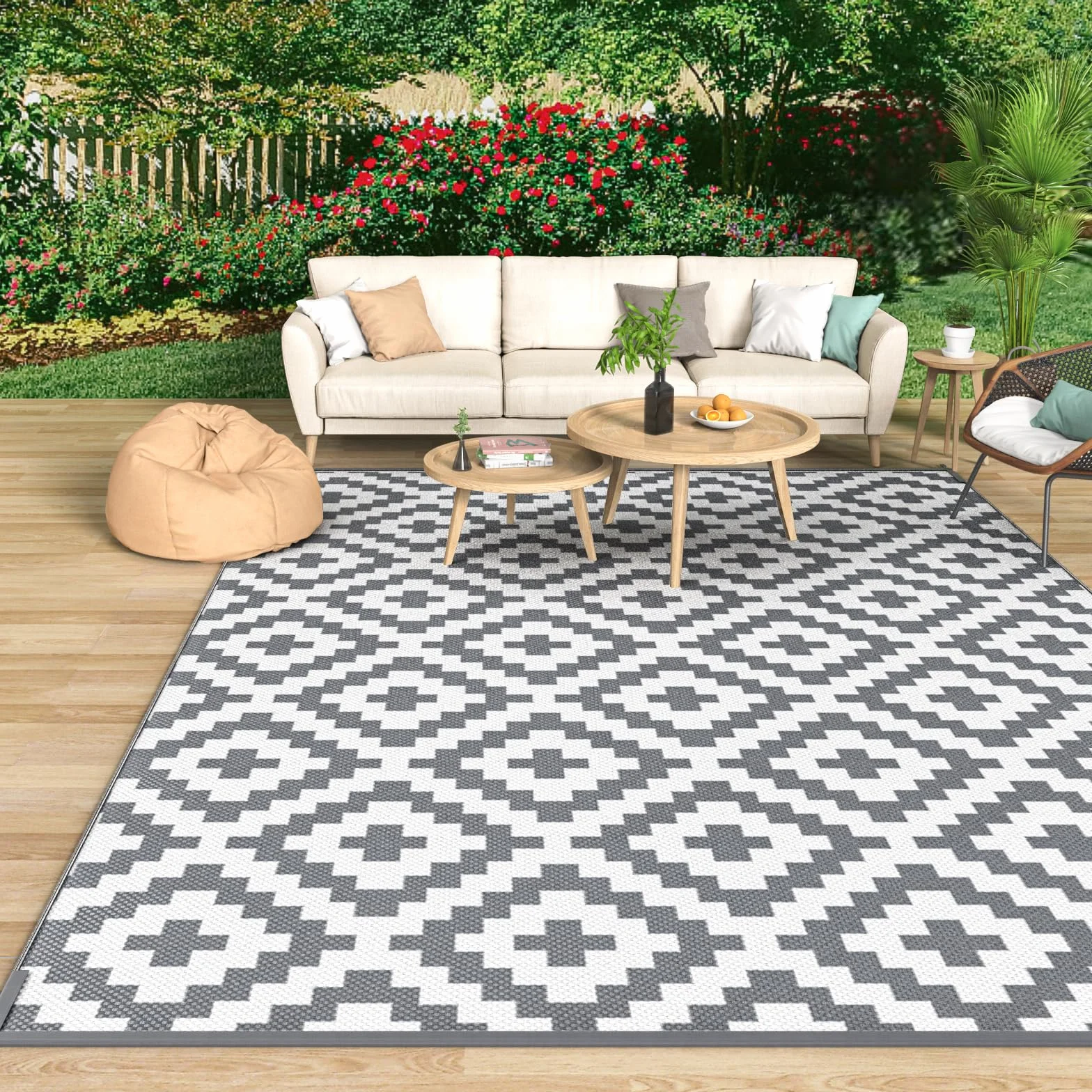 MOKANI Outdoor Teppich Wetterfest 120x180cm, Kunststoff Stroh/Plastik Reversible Matte UV-beständig Camping Patio Wasserdichter Außenbereich für Balkon Terrasse Pinic
