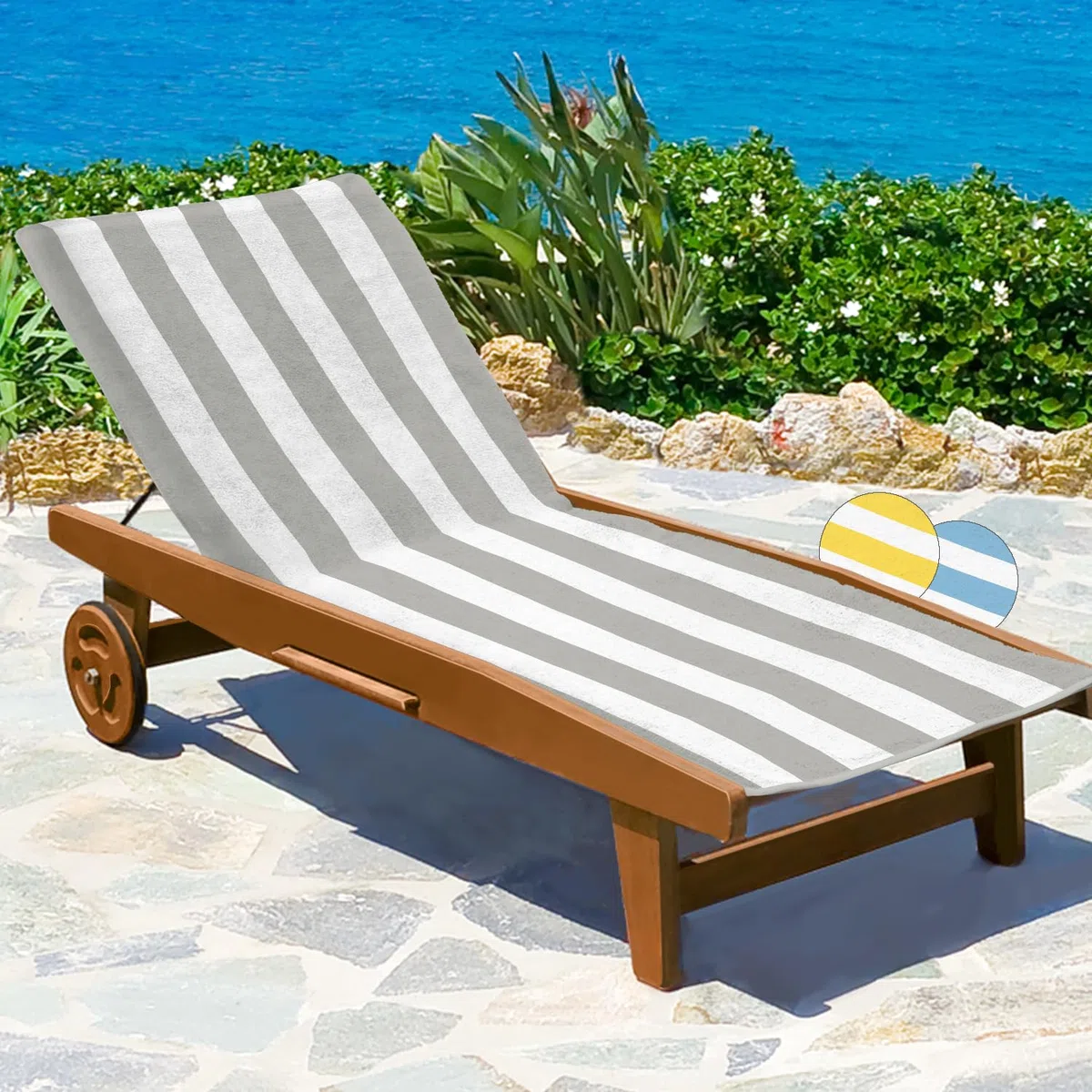 Beautissu Handtuch für Sonnenliege 75x200cm - 100% Baumwolle Liegenhandtuch mit Umschlag Weich & Antirutsch – Auflage Gartenliege Handtuch Strandtuch Poolliege Garten & Strand Grau gestreift – Cassis