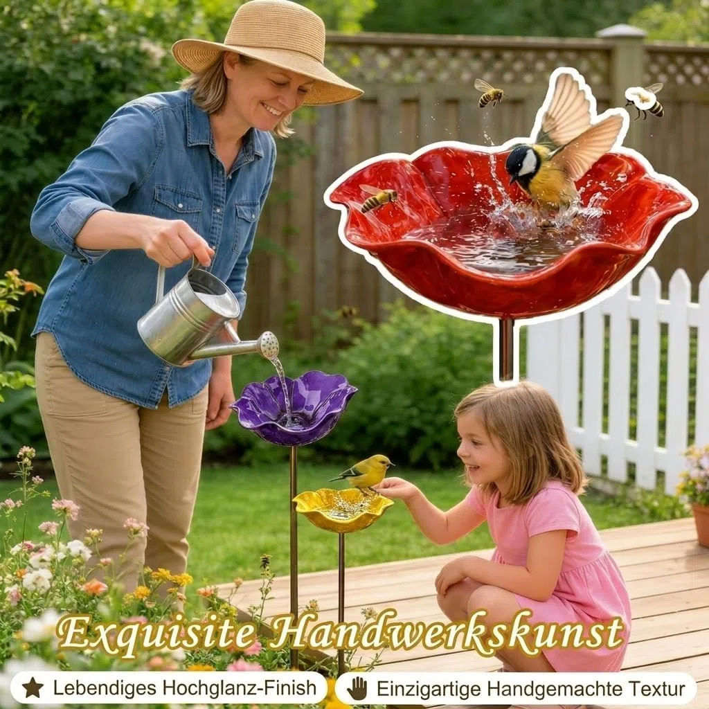 2Stück Vogeltränke Blume Winterfest Futterstation Vögel,Insektentränke Blumes Für Den Garten,Vogeltränke Metall Gartenstecker,Bienentränke Gartens Für Bienens,Futterschale, Für Rasen (2Pcs Rot)