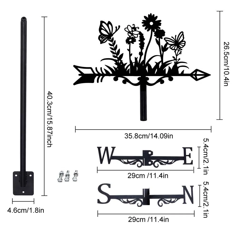 SUPERDANT Wetterhahn Mit Blumen Garten Wetterhahn fürs Dach Blumen Wetterfahne Aus Metall Wetterfahnen Aus Schwarzem Eisen Dekorative Wetterhahn Für Den Garten Für Dach Hof Terrasse Außendekoration