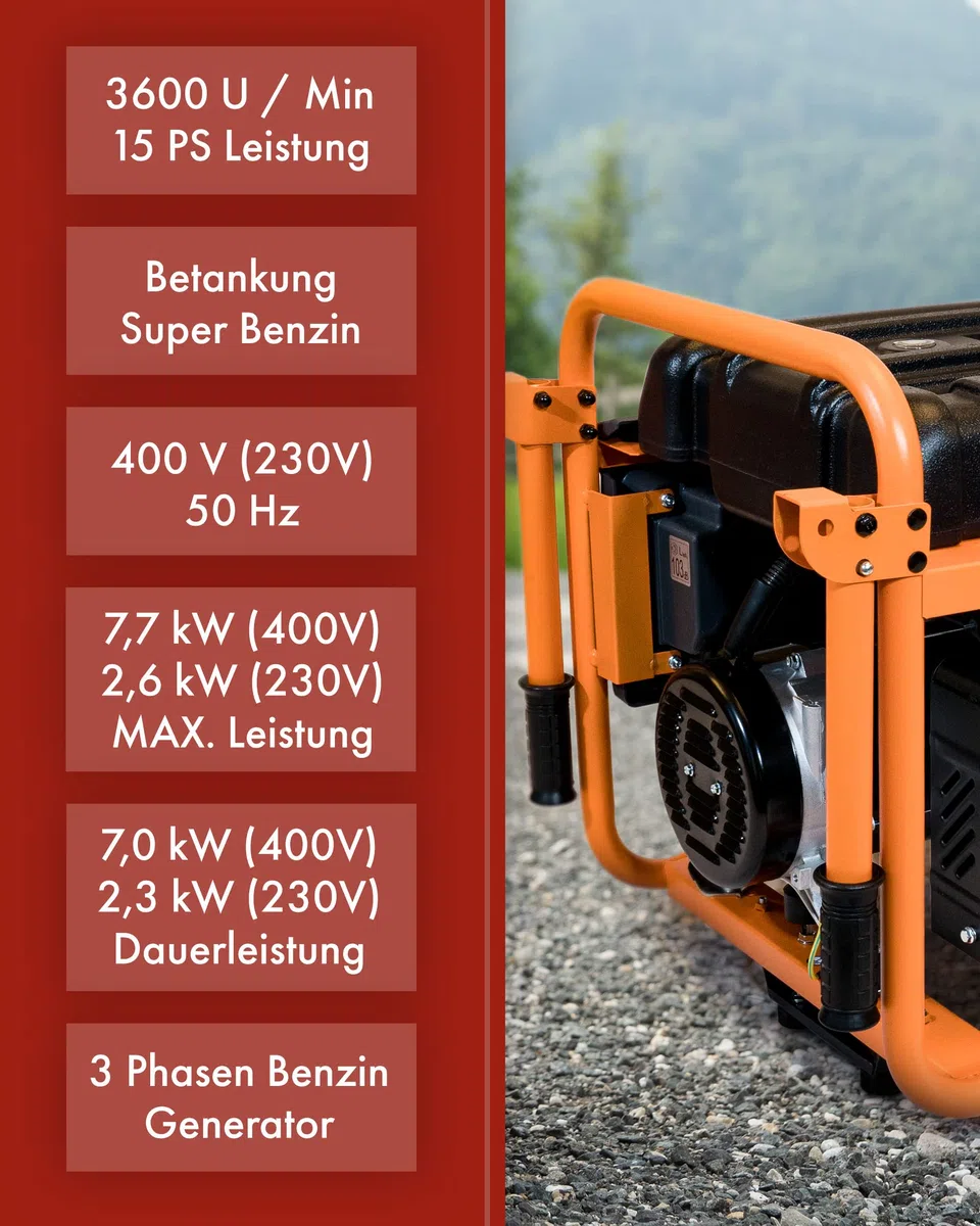 KnappWulf Generator Stromerzeuger Stromaggregat Notstomaggregat KW8300 mit 7,7kW max. Leistung bei 400V, 2,56 kW bei 230V, 25L Industrie Kunststofftank, Ölmangelsicherung, AVR, Elektrostarter